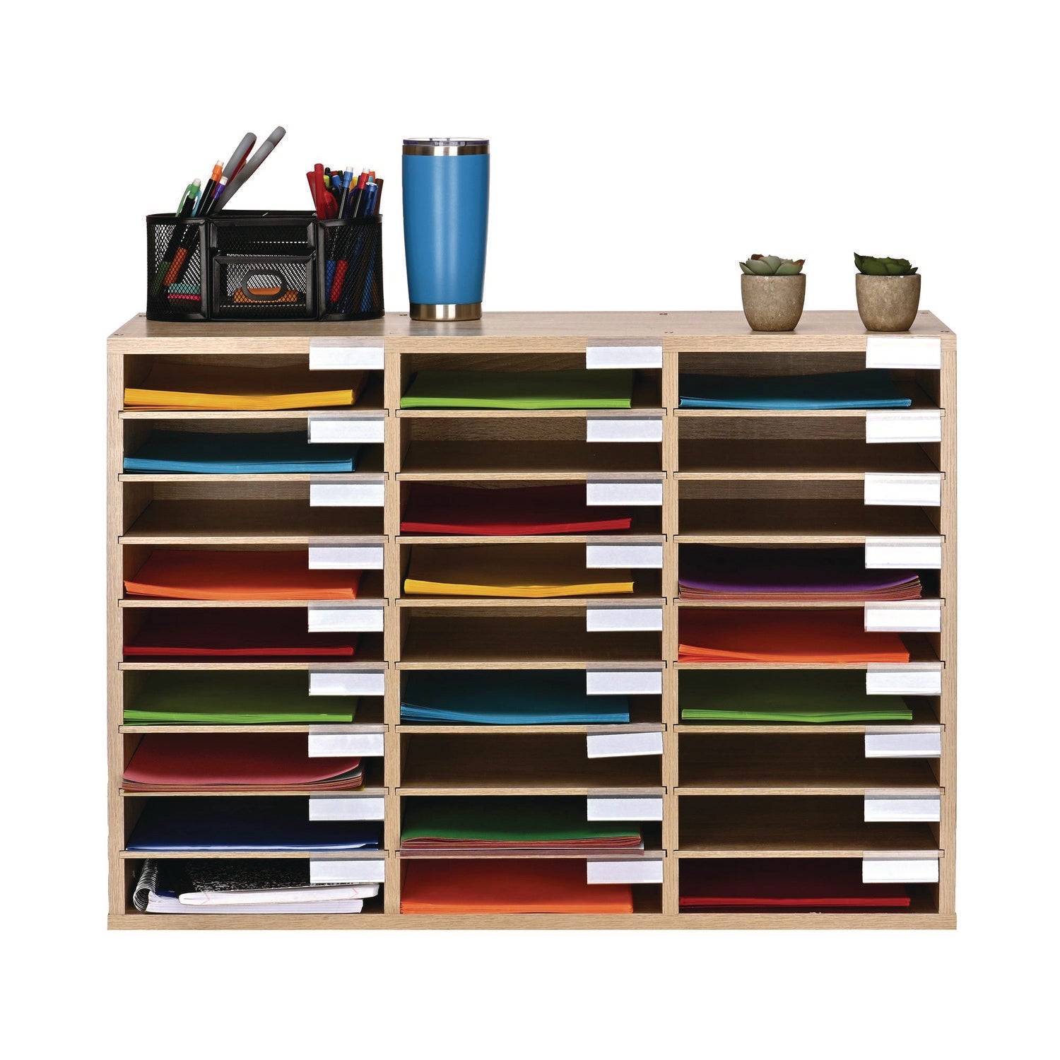 AdirOffice Wooden 27-Section Letter Size Literature Organizer - Medium Oak File Sorter (31.49