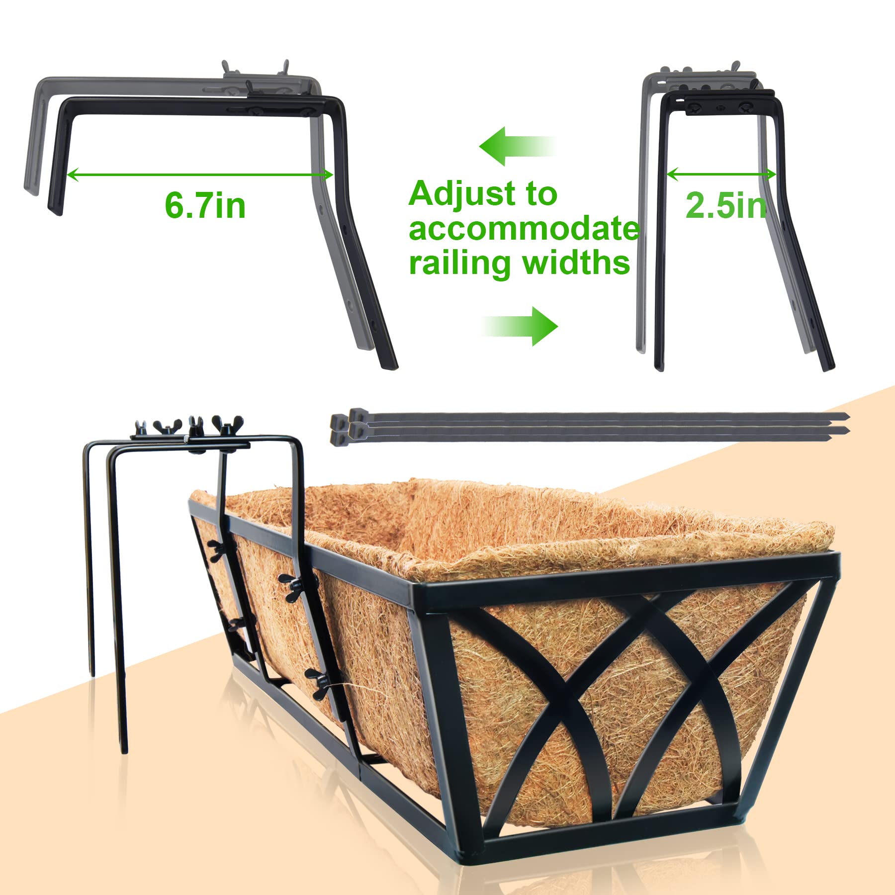 24 Inch Window Deck Planter Box with Coco Liner - 4 Pack Metal Hanging Flower Basket for Outdoor Garden, Lawn & Fence Decor - Perfect for Railing, Deck & Window Box Gardening