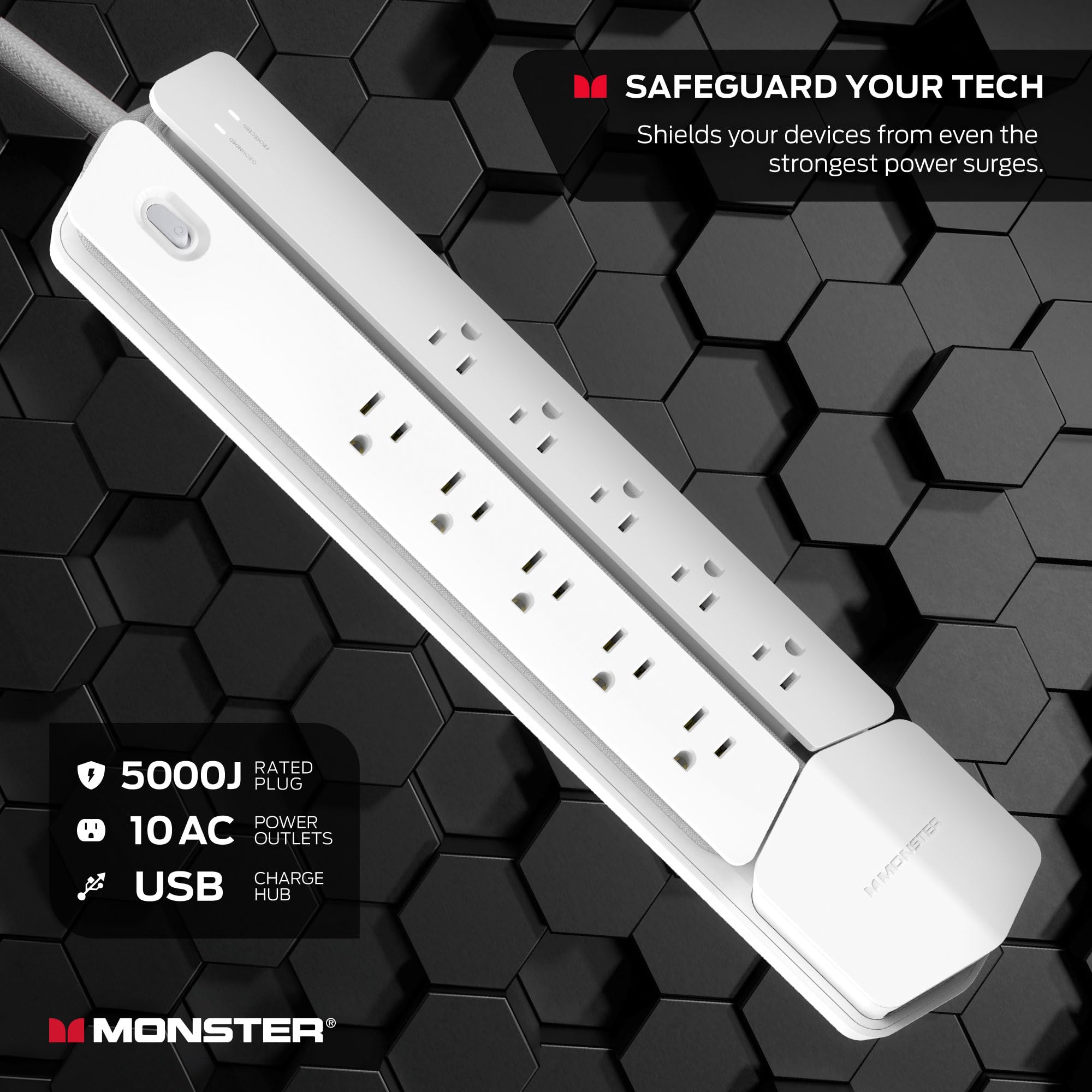 Monster Power Center Vertex XL Surge Protector - 10 AC Outlets, 2 USB-A & 1 USB-C Port (20W) Detachable USB Power Strip for Home, Office & Gaming Setup | Protects Electronics from Power Surges