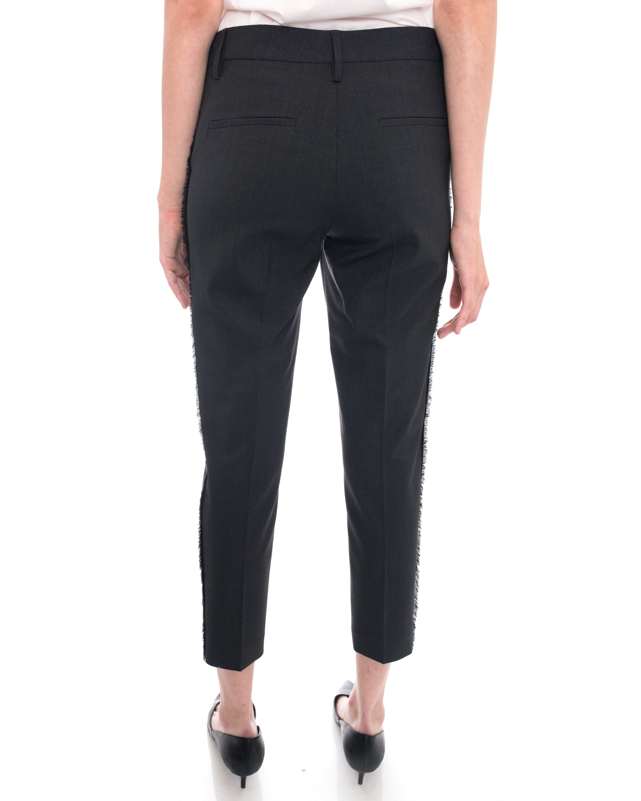 Brunello Cucinelli Charcoal Grey Beaded Fringe Trim Trousers - Elegant Casual Pants for Office & Evening Events