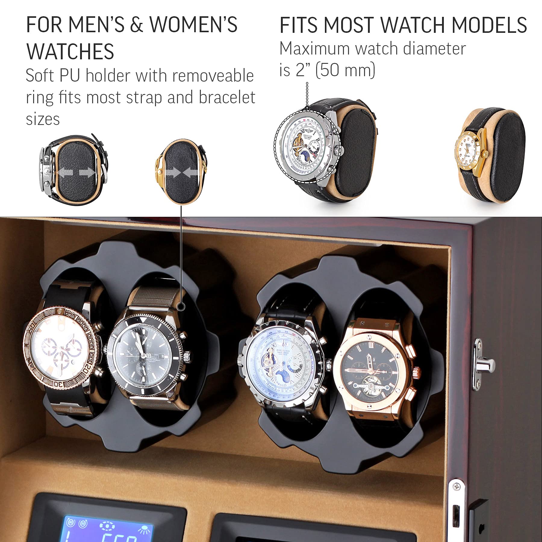 4 Watch Winder with 5 Watch Storage - Automatic Watch Winder Box with LCD Display, Touch Control & LED Light for Automatic Watches - Perfect for Watch Collectors & Luxury Timepiece Storage