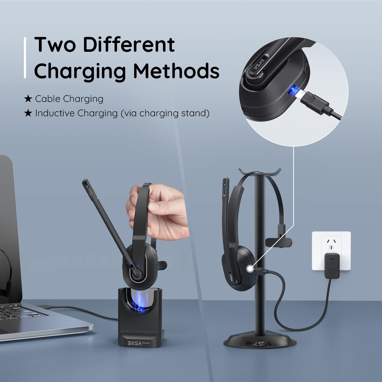 Wireless Bluetooth Headset with AI Noise Cancelling Microphone (ENC) - 45Hr Battery, Fast Charging Stand, Lightweight Over-Ear Headphones with USB Dongle for PC - Perfect for Office, Gaming & Remote Work