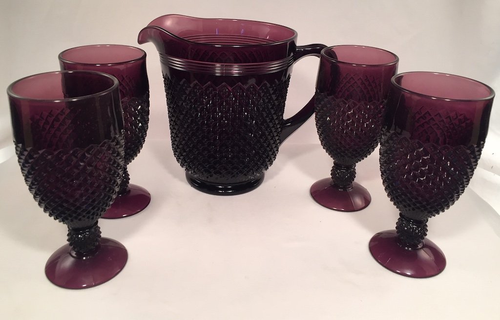 Premium Mosser Glass Addison Pattern 5-Piece Water Pitcher Set - Handcrafted in USA - Elegant Amethyst Glassware for Home, Kitchen & Entertaining