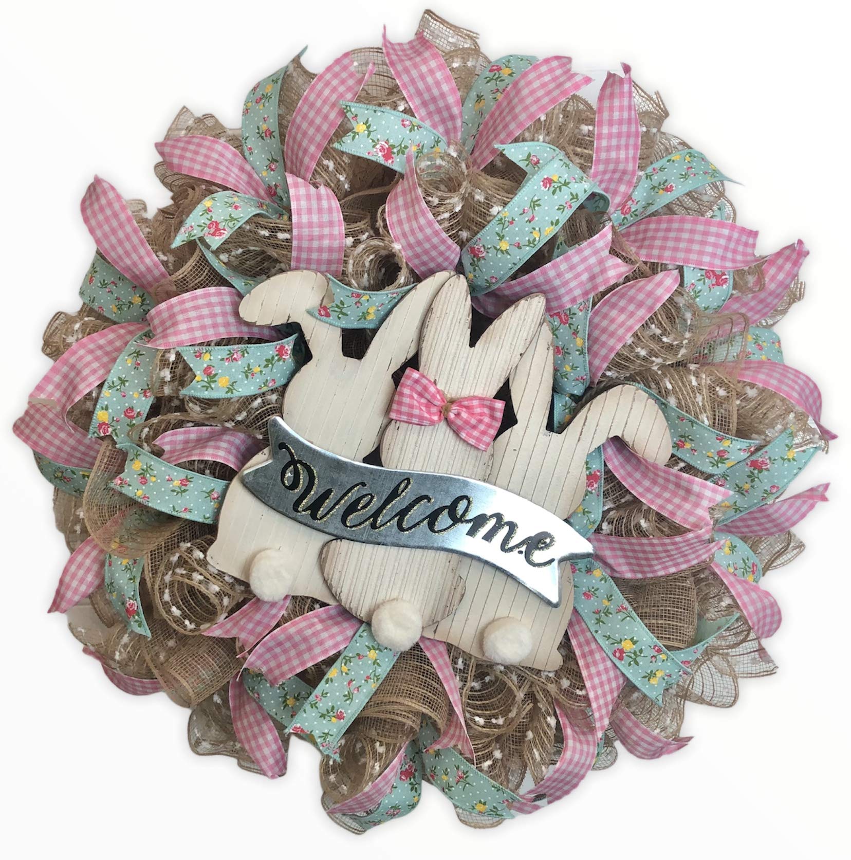 Rustic Spring Easter Bunny Wreath - Handmade Easter Door Decor with Burlap Bow - Perfect for Front Door, Mantel & Spring Home Decor - FREE Shipping