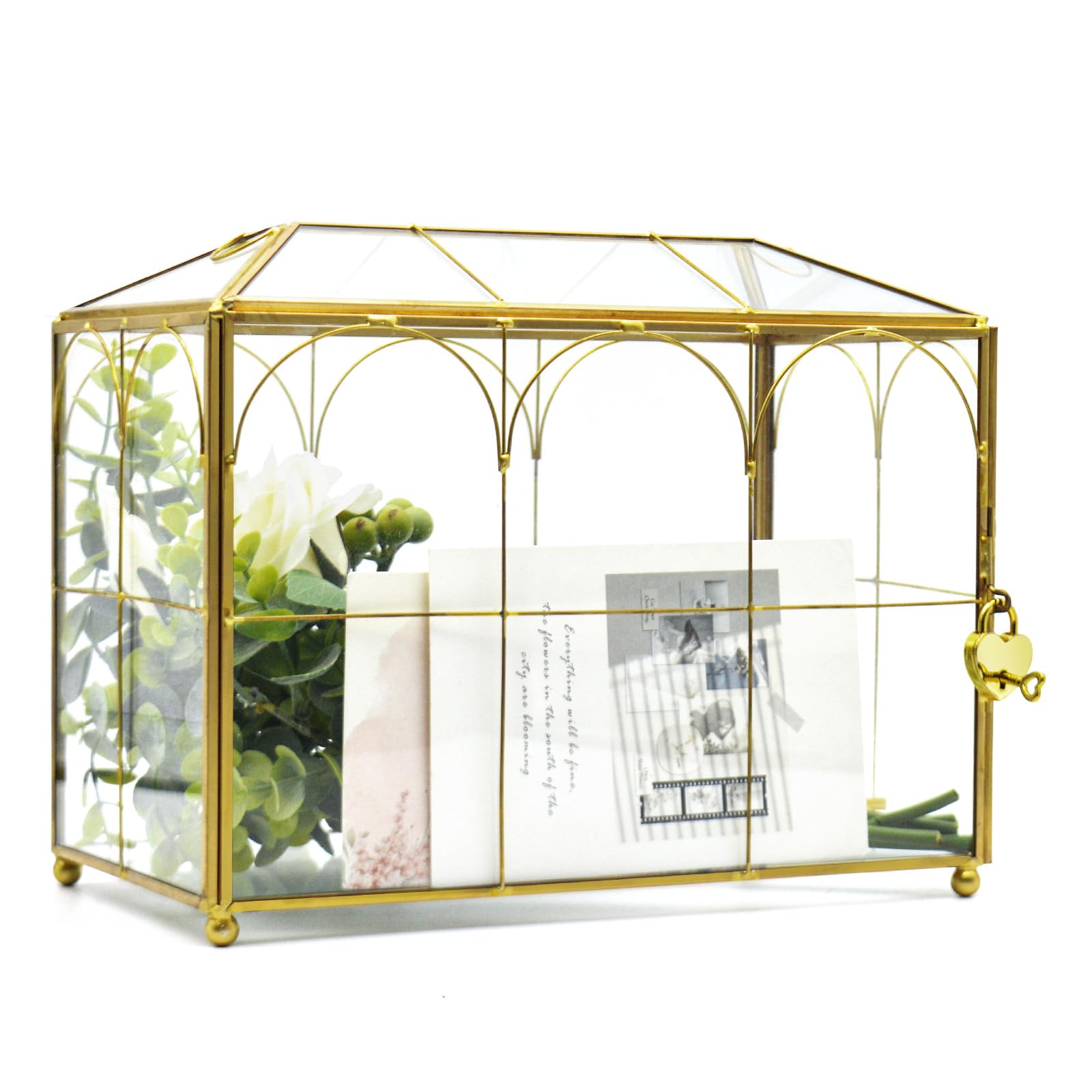 Large Gold and Glass Wedding Card Box with Lock & Key - Vintage Geometric Envelope Holder for Reception, Parties & Bridal Showers - Secure Gift Money Box for Weddings, Anniversaries & Special Events