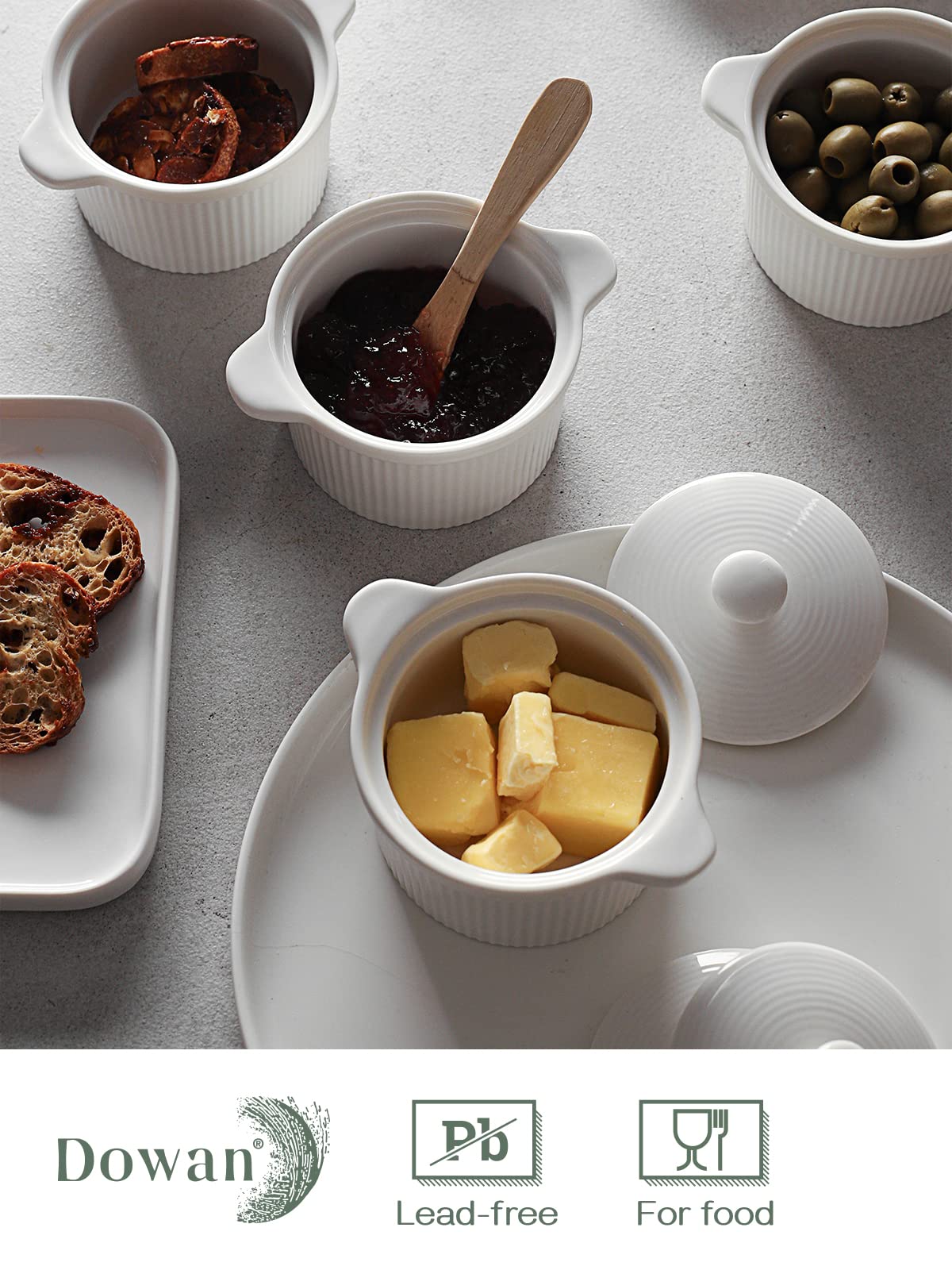 DOWAN 7oz Porcelain Ramekins with Lids - Oven Safe for Baking, Souffle & Soup - Set of 4 White