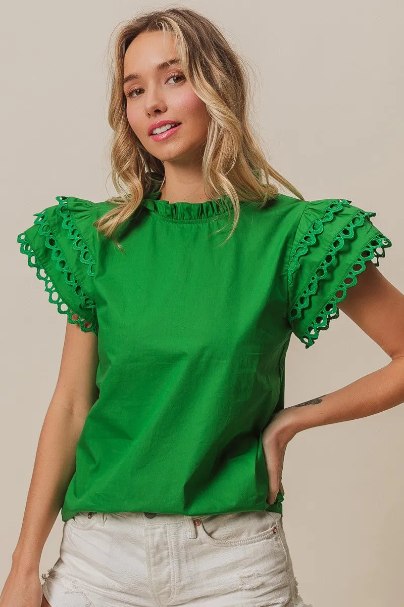 BiBi Solid Woven Circle Trim Ruffle Top Women's Fashion Blouse | Perfect for Casual Outings, Date Nights & Summer Vacations