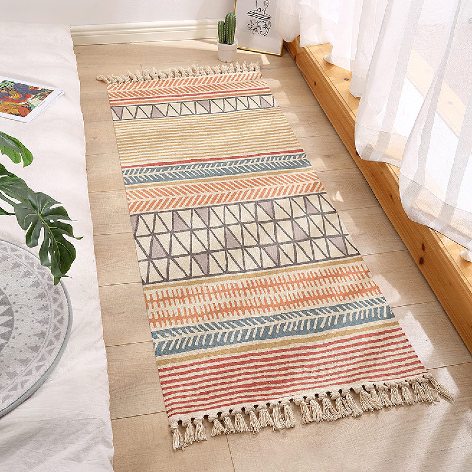 Bohemian Cotton Area Rug - Hand Woven Reversible Floor Mat with Tassels, 24x35 Inch, for Bathroom Bedroom Living Room Laundry Room | Soft Indoor Decor Rug for Boho Home & Apartment