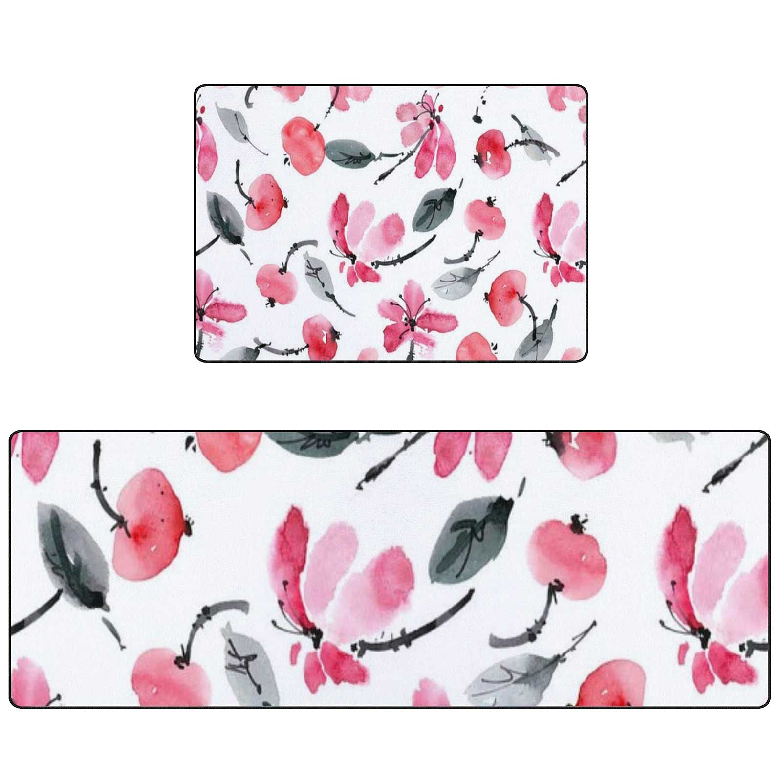 Non-Slip Watercolor Floral Kitchen Rugs Set - 2 Piece Washable Absorbent Coral Velvet Floor Mats (17.7×29.1Inch + 17.7×58.2Inch) for Modern Farmhouse & Apartment Kitchen Decor - Soft Anti-Fatigue Mats for Cooking & Dishwashing Areas