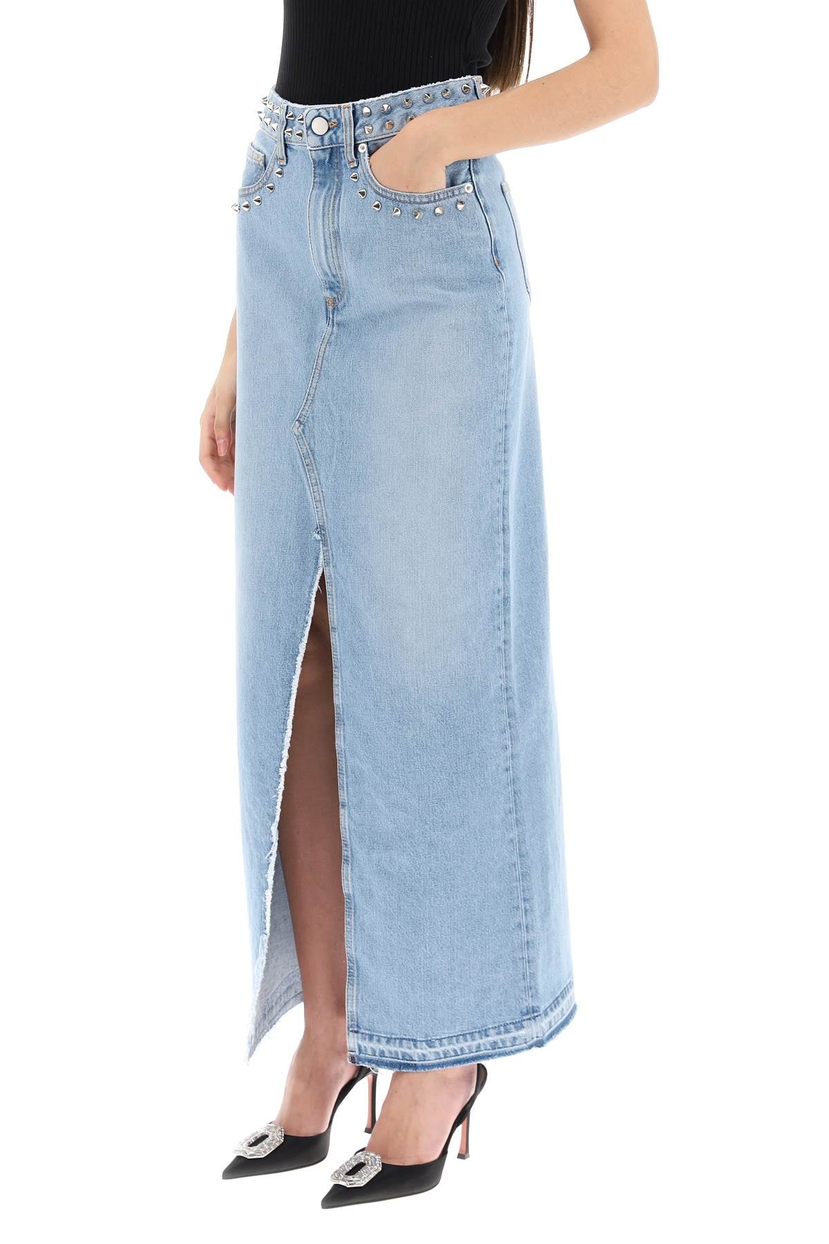 Alessandra Rich Long Denim Skirt with Studs - Women's High Waisted Distressed Jeans Skirt for Casual Outfits & Streetwear Fashion