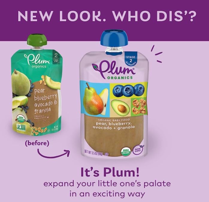 Organic Plum Stage 2 Baby Food Pouch - Pear, Blueberry & Avocado with Granola - 3.5oz (6 Pack) | USDA Certified Fruit & Vegetable Puree for Toddlers | On-the-Go Snack for Travel & Daycare
