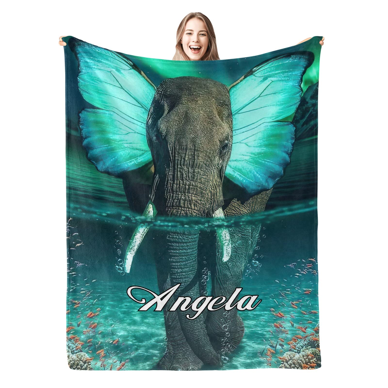 Personalized Elephant Name Fleece Blanket - Soft Cozy Throw for Couch, Sofa & Bed - 50