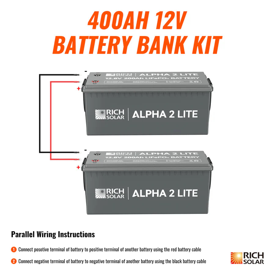 Rich Solar ALPHA 2 LITE 12V 400Ah LiFePO4 Lithium Battery Kit for Off Grid Solar System, RV, Marine, Home Backup Power - Deep Cycle, Long Lifespan, Maintenance Free