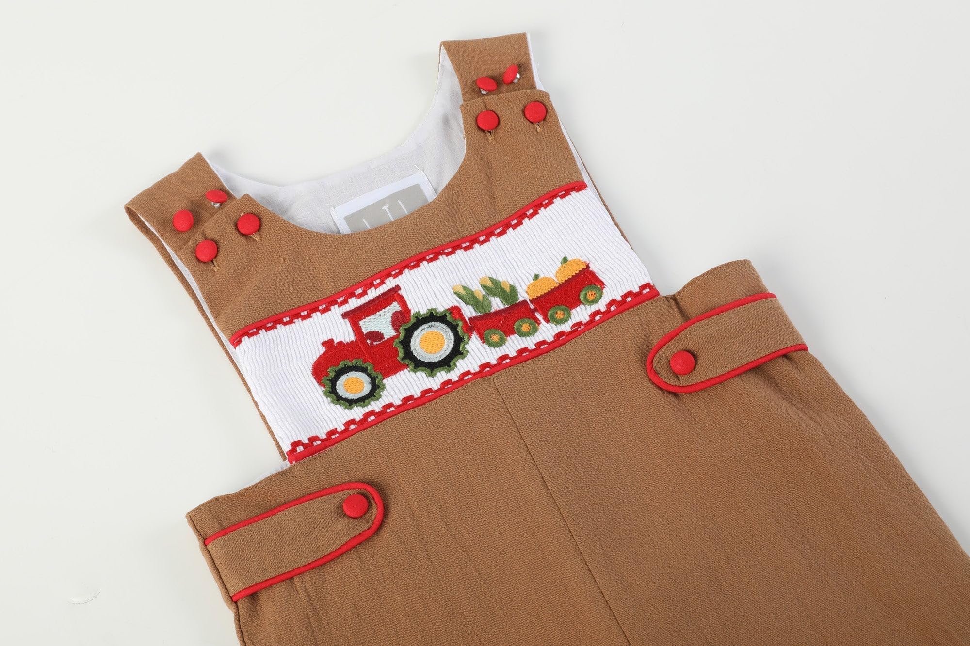 Brown Tractor Harvest Smocked Overalls for Boys & Girls | Farm-Themed Cotton Romper | Perfect for Outdoor Play, Farm Visits & Photo Shoots