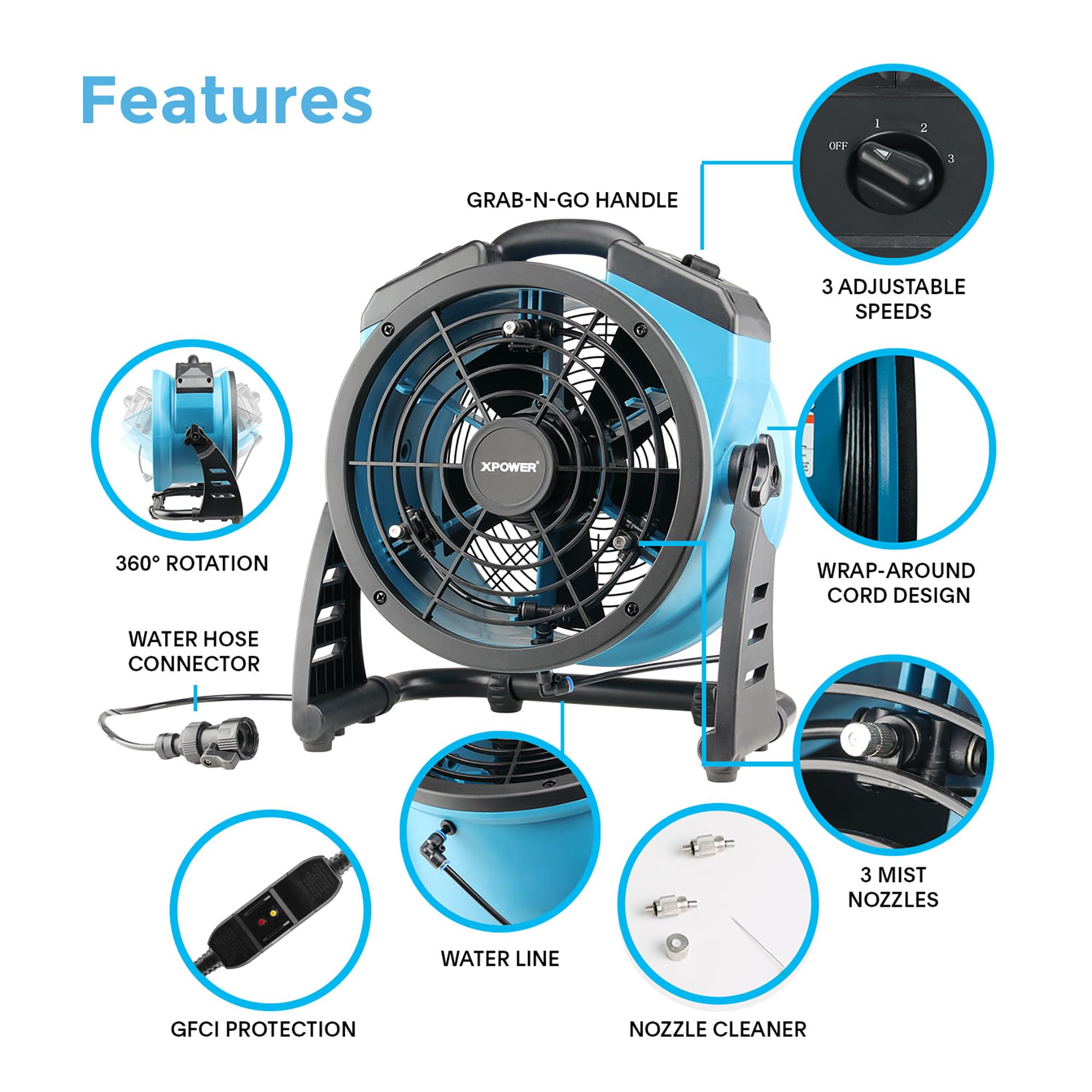 XPOWER FM-65 Portable Misting Fan & Air Circulator - High Velocity Cooling Fan with Adjustable Mist for Outdoor, Patio, Pool, and Backyard Use