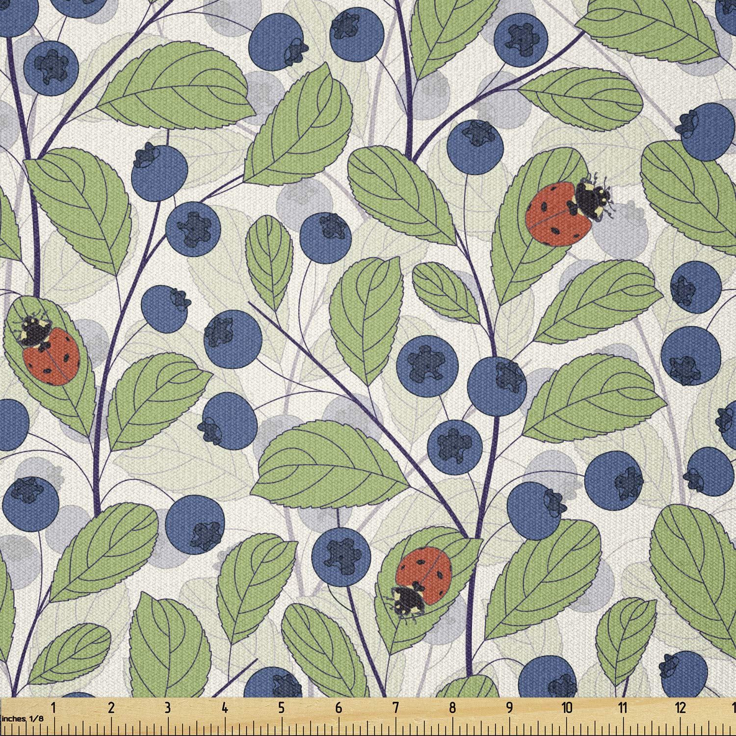 Ambesonne Ladybug Stretch Knit Fabric by The Yard - Little Bugs on Bilberry Leaf Branches, Gardening Theme Fabric for Clothing, Sewing & DIY Crafts (10 Yards, Vermilion Dark Blue) - Perfect for Dresses, Scarves, Home Decor & Quilting