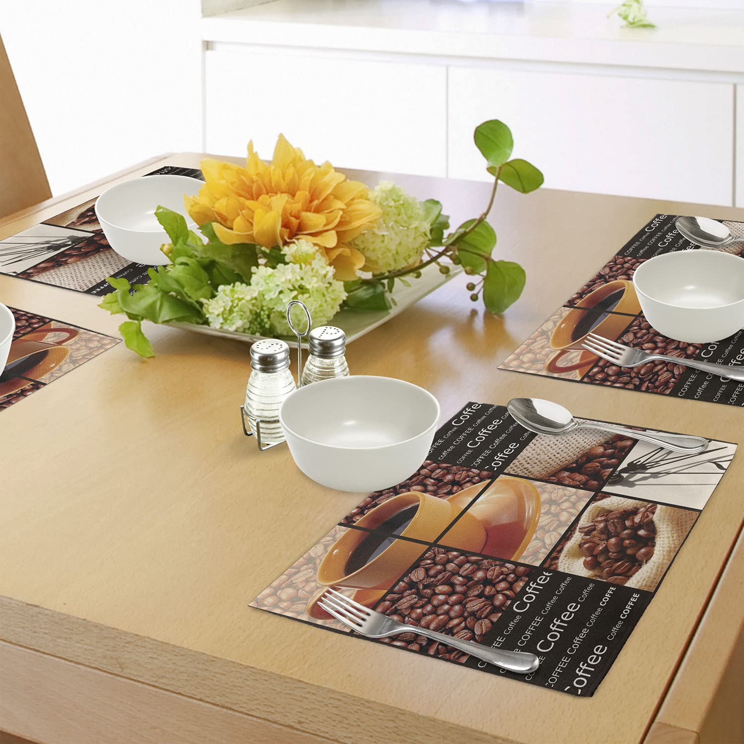 Ambesonne 4-Pack Square Coffee Place Mats Set - Orange Cup Hot Beverage Collage Design, Washable Fabric Dining Table Placemats, Standard Size (Dark Brown/Orange/Beige) - Perfect for Morning Coffee, Breakfast Nook, and Kitchen Decor