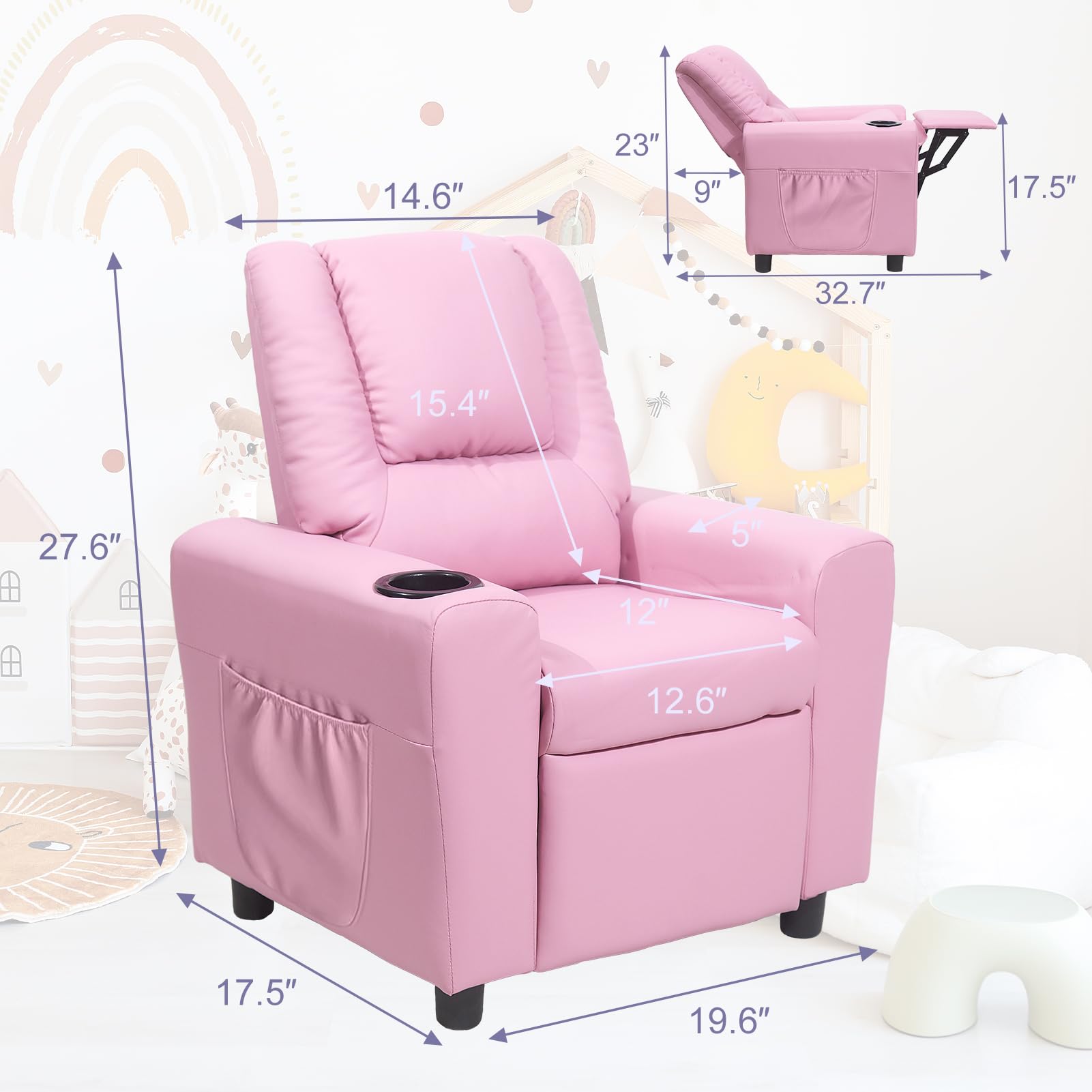 Best Kids Recliner Chair for Toddlers Age 2-4 - Soft Leather Lounge Chair with Cup Holder & Side Pocket - Pink Toddler Recliner for Boys & Girls - Perfect for Bedroom, Playroom & TV Time