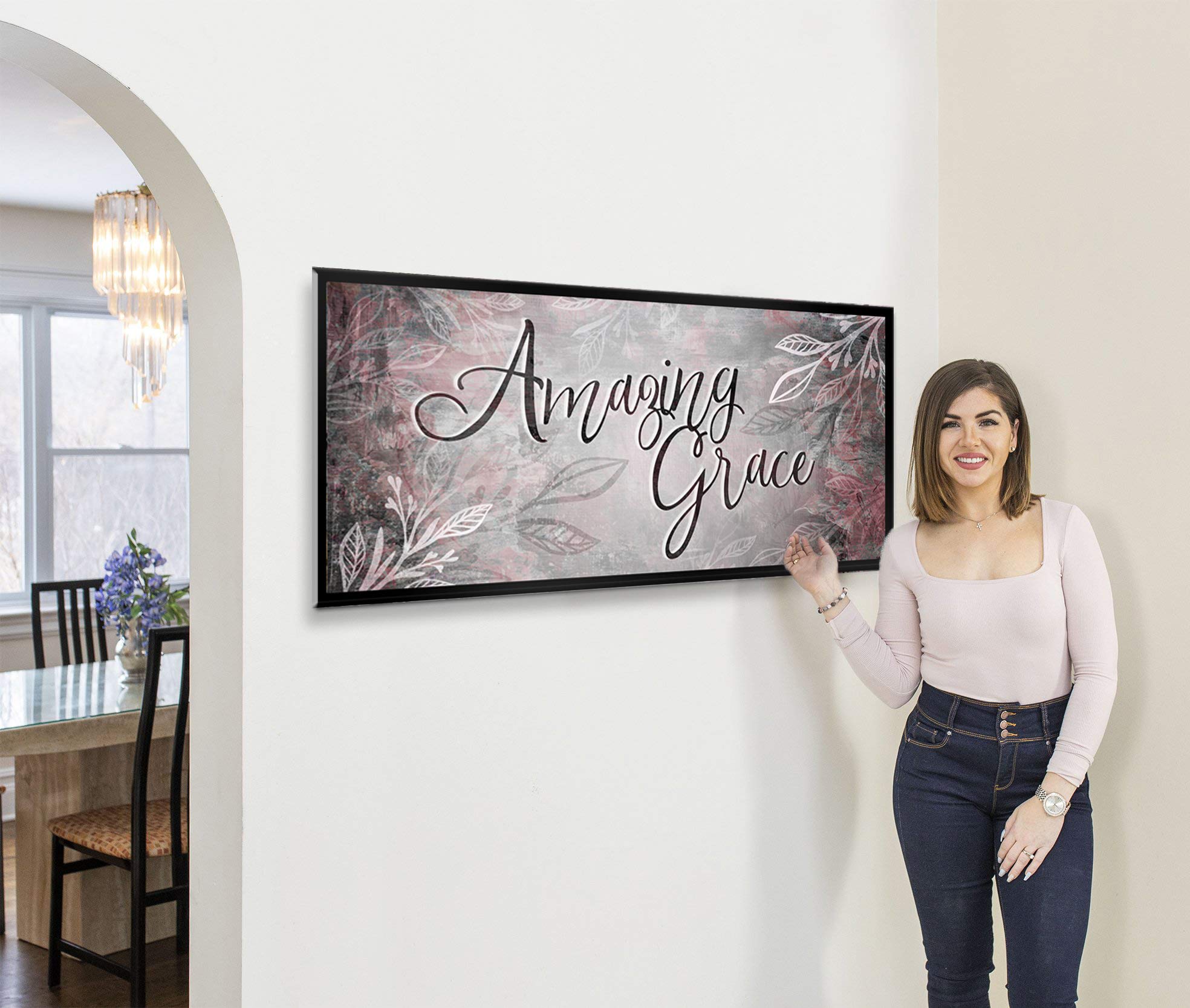 Amazing Grace Christian Wall Art Sign - Rustic Farmhouse Kitchen Decor - Large Framed Canvas Wall Décor Ready to Hang - Red Pink with Black Floating Frame 42x19 - Perfect for Home, Church & Office Decorations