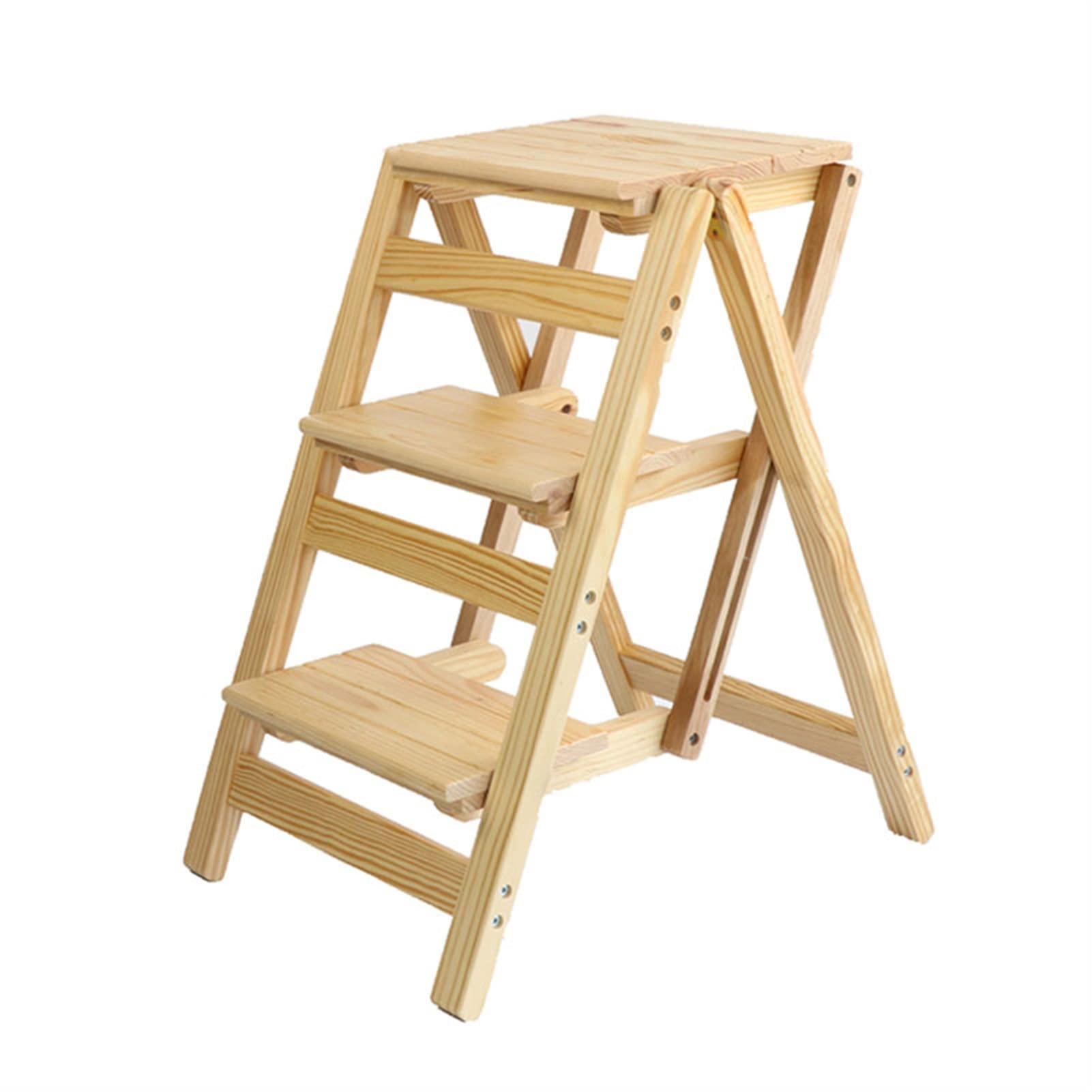 GEIRONV Solid Wood Multifunctional Stepladder - Folding Stair Chair & Dual-Purpose Step Stool for Home, Kitchen, Garage & DIY Projects (Wood Color)