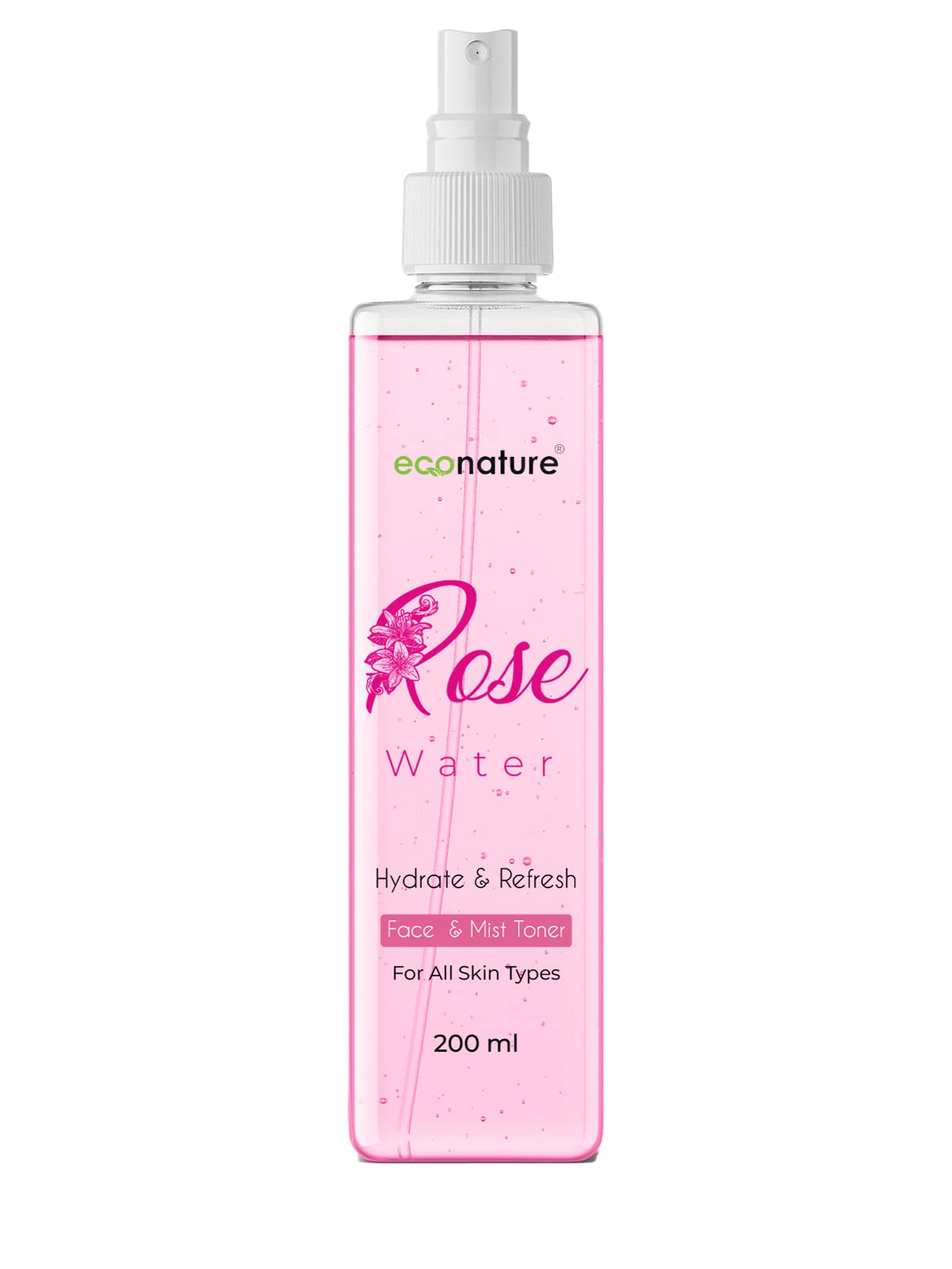 Econature Natural Rose Water Face Toner 200ml | Organic Gulab Jal Hydrating Mist | Alcohol-Free Skin & Hair Spray | For Dry Skin, Acne Care & Hair Shine | Perfect for Daily Skincare, Makeup Setting & Summer Refreshment