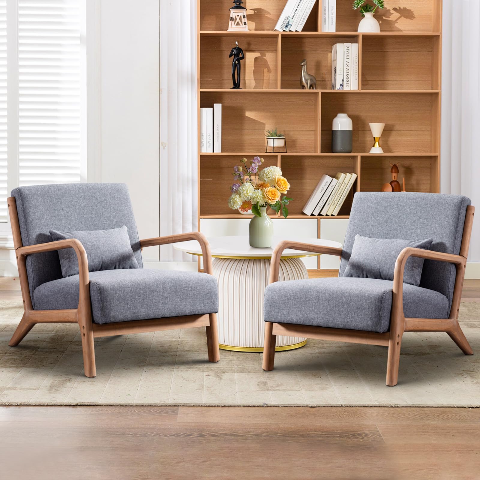 Mid Century Modern Accent Chair - Grey Linen Upholstered Living Room Chair with Solid Wood Frame & Lumbar Pillow - Comfortable Reading Side Chair for Bedroom, Office or Lounge - Easy Assembly Home Decor Furniture