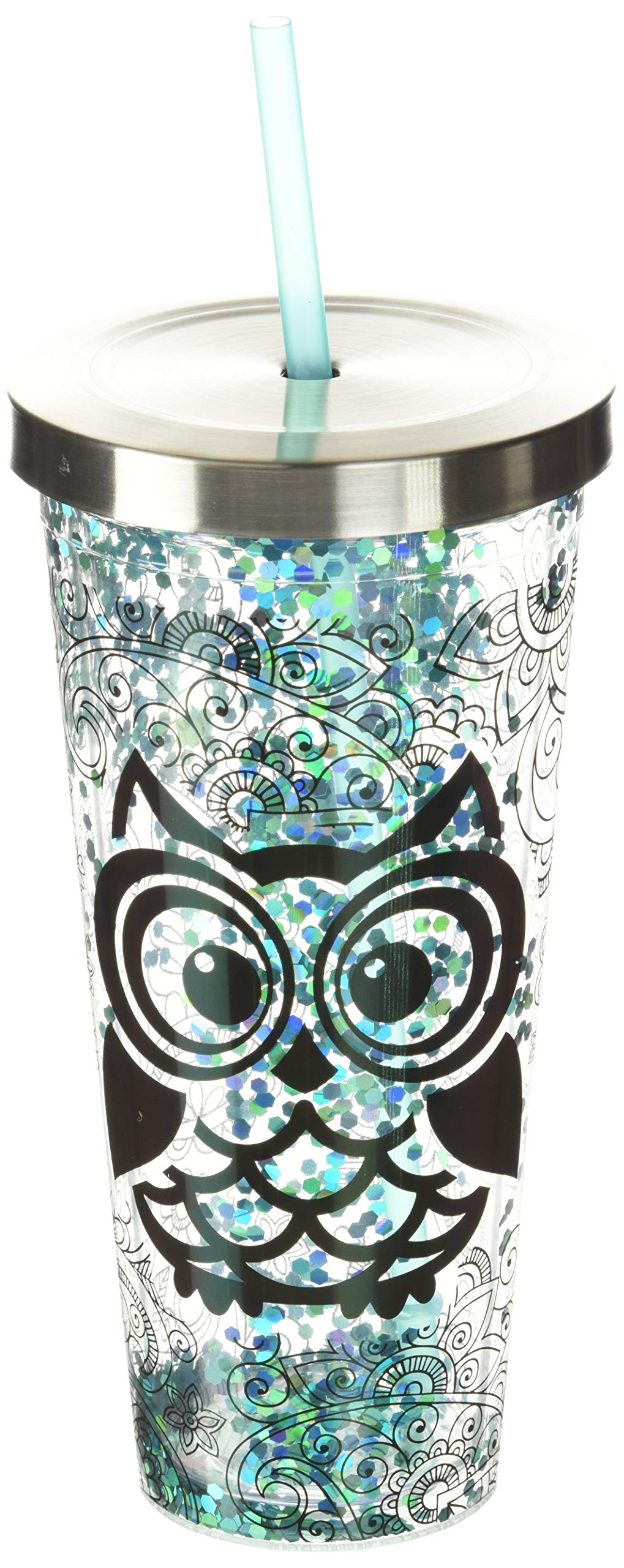 Spoontiques 20 oz Glitter Filled Acrylic Tumbler with Straw - Double Wall Insulated Stainless Steel Locking Lid - BPA Free Blue Owl Design - Perfect for Office, Gym & Outdoor Activities