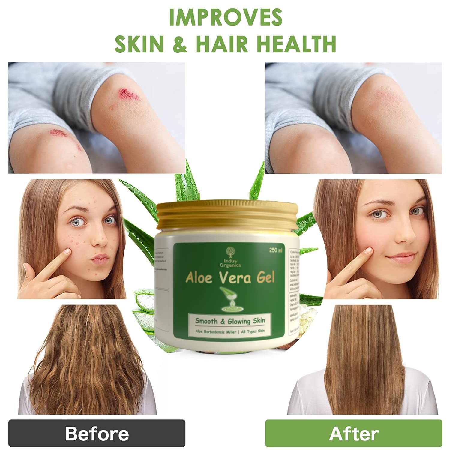 Indus Organics Pure Aloe Vera Gel for Skin & Hair Care - 250ml | Hydrating, Moisturizing & Soothing Gel for Face, Body & Scalp | Perfect for Sunburn Relief, After-Sun Care, Hair Conditioning & Daily Skincare Routine