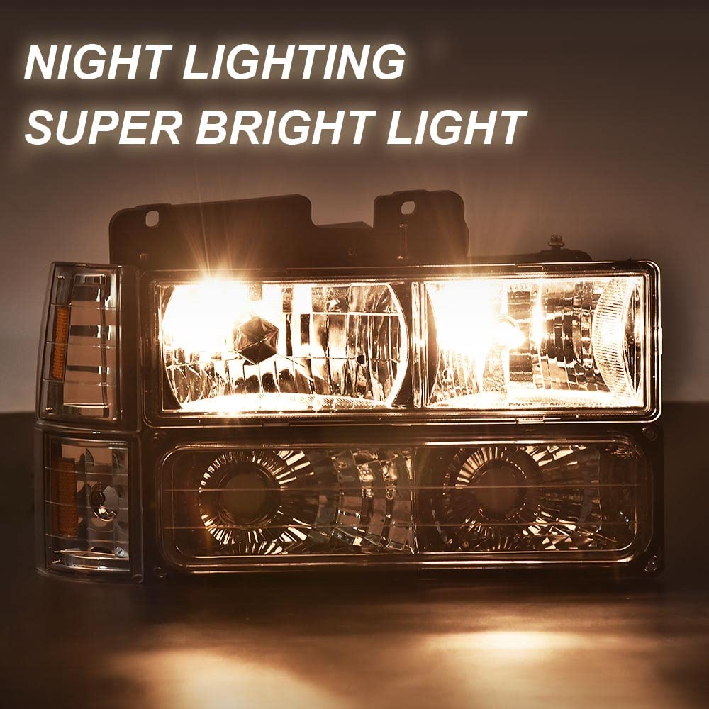 GRAND ORANGE GMC Sierra C/K Yukon 1500 2500 Headlight Assembly (1994-1998) - Compatible with Chevy C/K C10 Suburban - Chrome Bumper Lights, Headlights & Signal Corner Lamps (8-Piece Set) - Perfect for Off-Roading, Night Driving & Vehicle Restoration