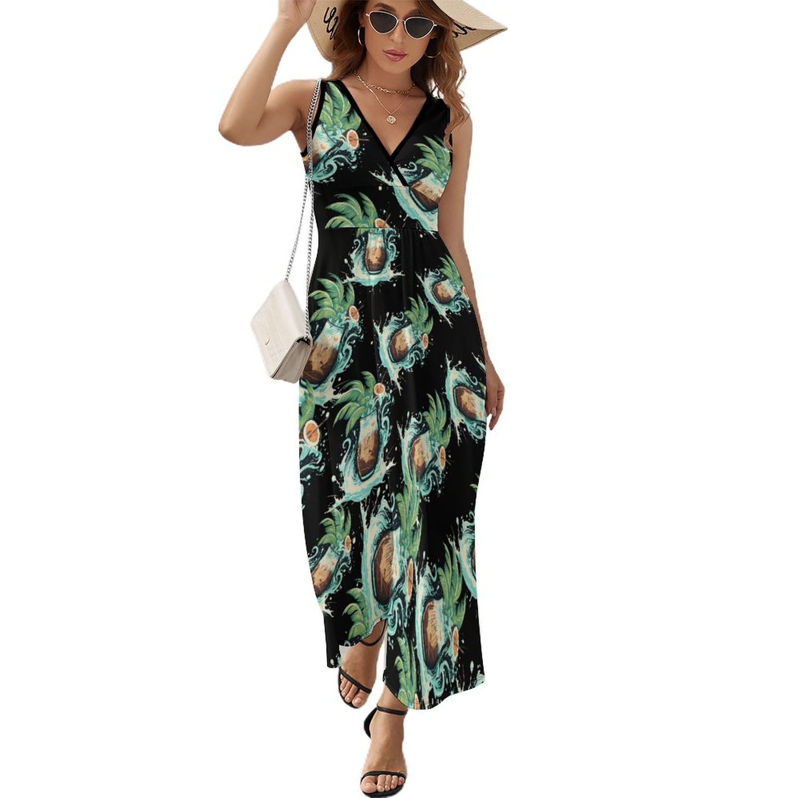 Women's Casual Sleeveless Loose Fit Palm & Coconut Print Maxi Sundress - Perfect for Beach Vacations, Summer Outings, and Tropical Getaways