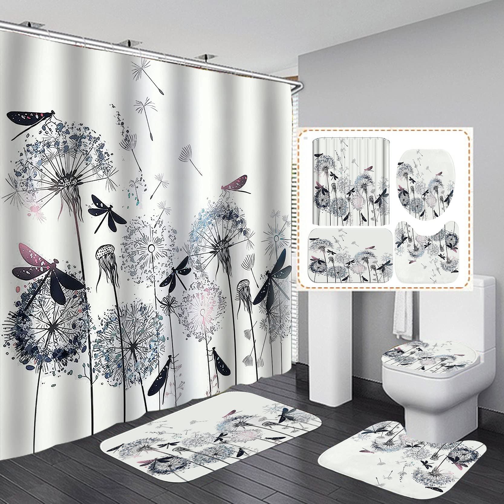 4-Piece Watercolor Dandelion Shower Curtain Set with Black Dragonfly Design - Spring Floral Botanical Bathroom Decor | Waterproof White Bath Curtain & Non-Slip Rugs | Perfect for Modern, Farmhouse & Boho Style Bathrooms