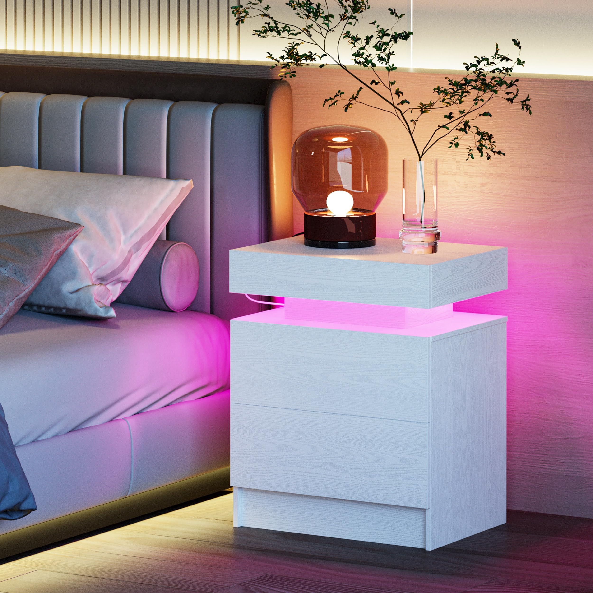 Modern White Nightstand with LED Light & USB Charging Station - 3 Drawers Bedside Table for Bedroom, Living Room | Compact End Table with Soft Glow Lighting for Phones, Books & Bedroom Essentials