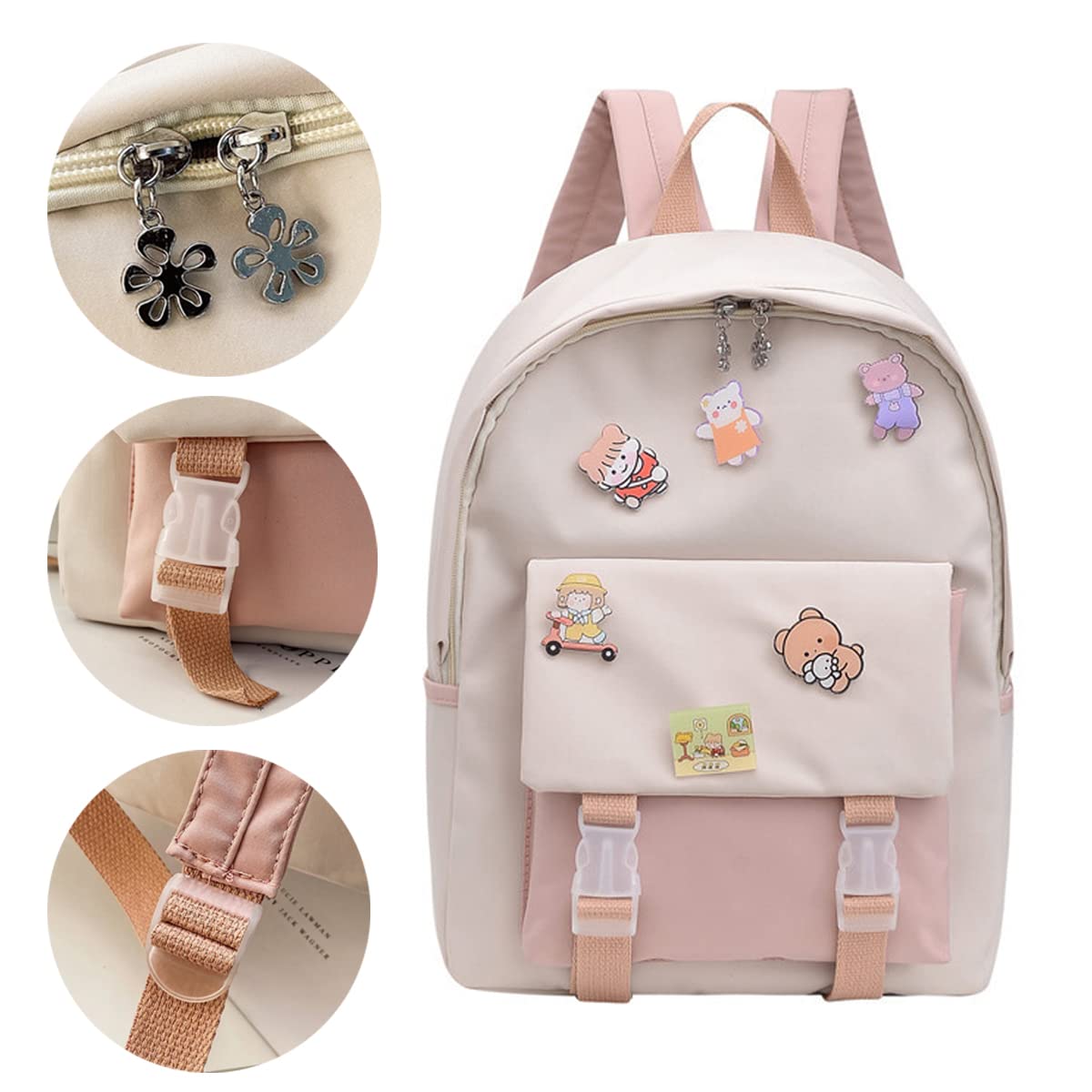 Stylish 15.7 Inch Kawaii Aesthetic Backpack for Women - Cute Japanese College School Bag with Badge Holder (Black) - Perfect for School, Travel & Everyday Use