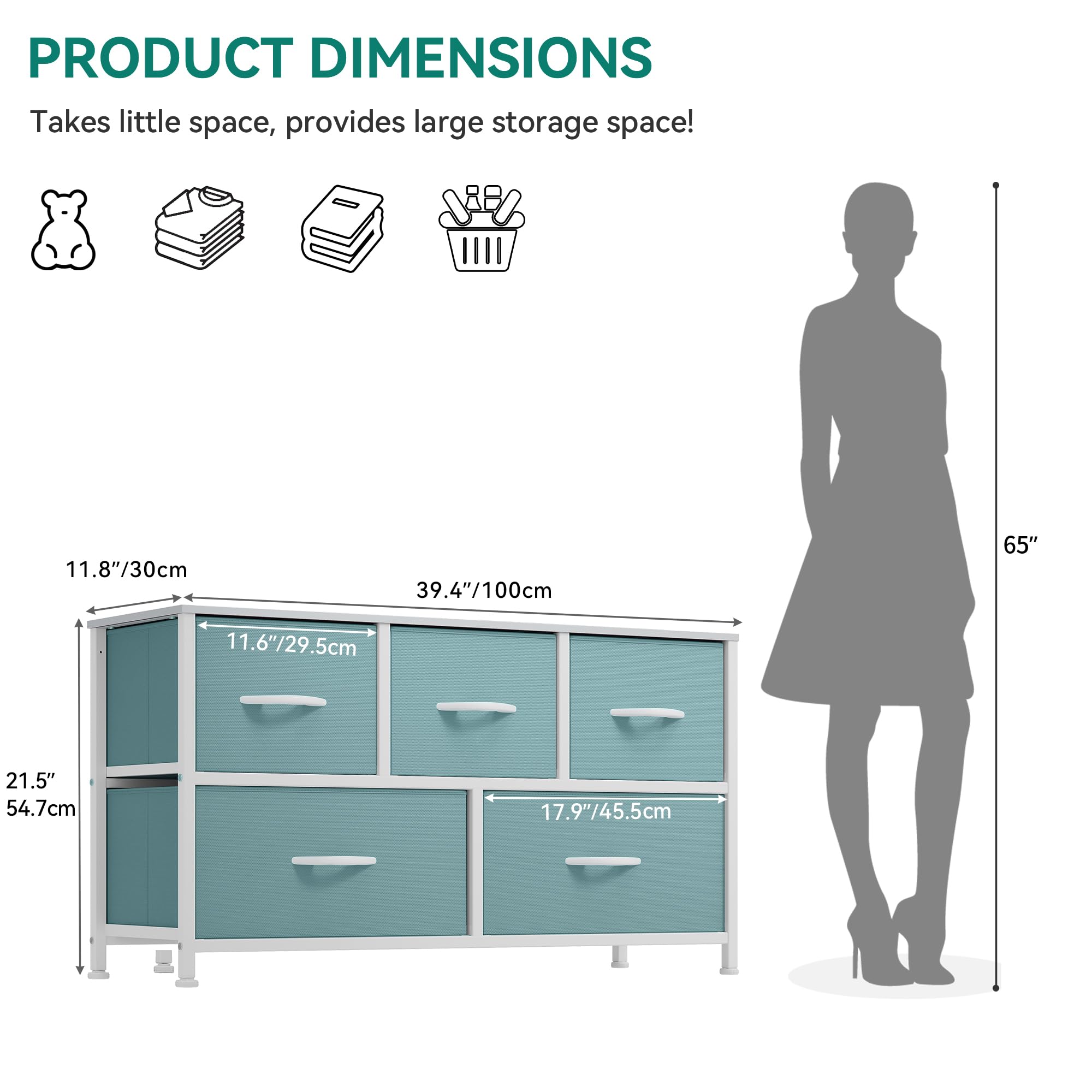 YITAHOME 5-Drawer Fabric Dresser - Sturdy Storage Organizer for Bedroom & Closet - Green