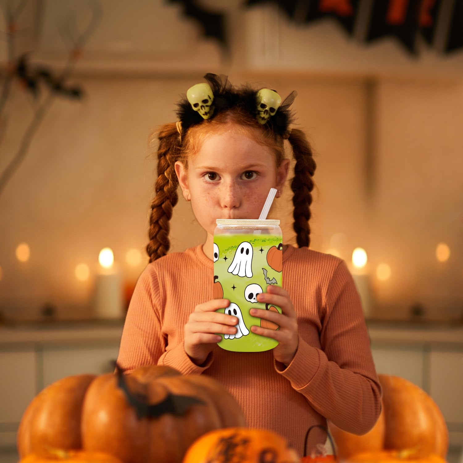 UAREHIBY 18oz Halloween Glass Tumbler with Lid & Straw - Ghost, Pumpkins, Bats & Skulls Design - Spooky Coffee Mug for Women - Perfect for Halloween Parties, Office Use & Gift Giving