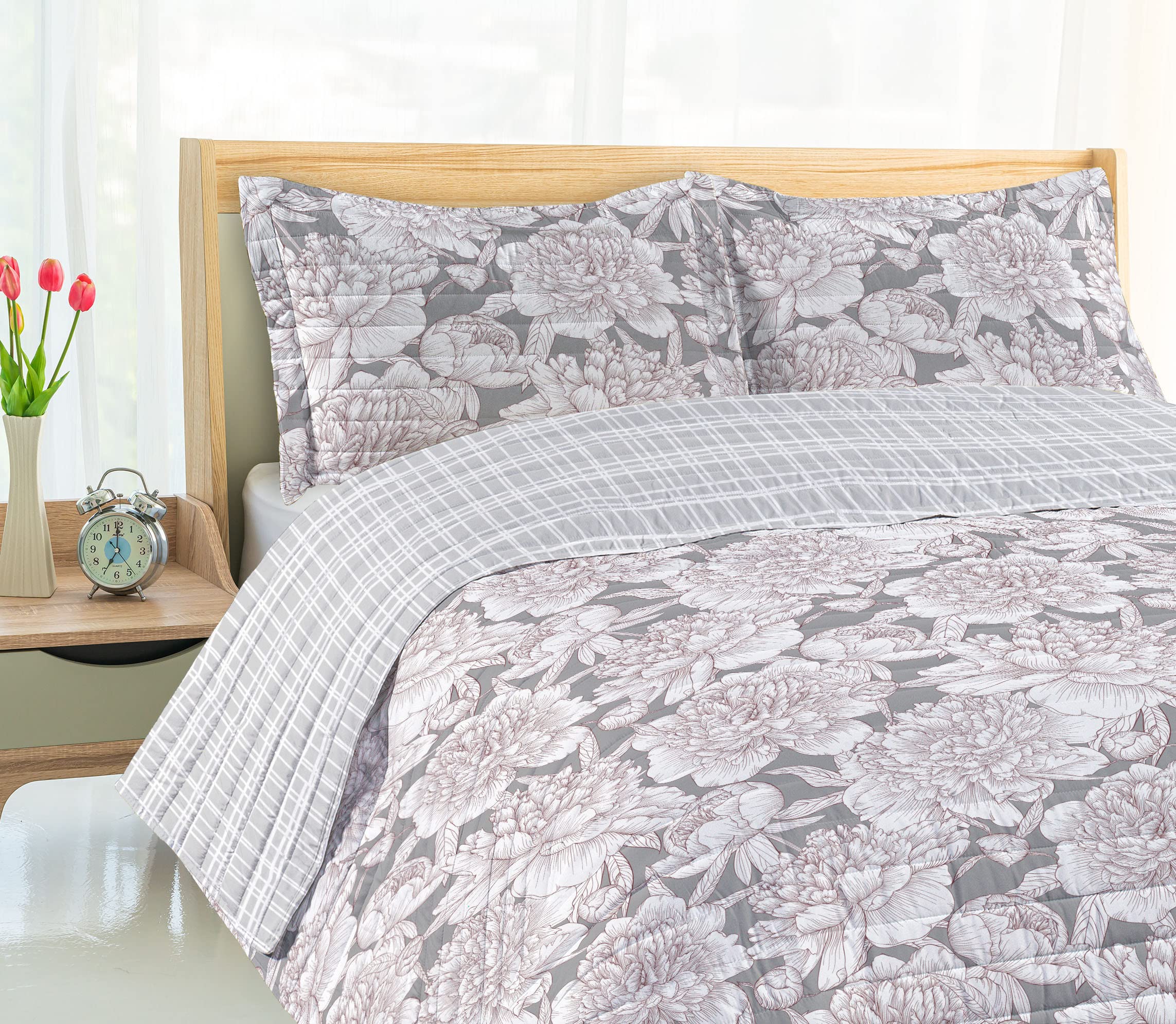 Ambesonne Floral Reversible Queen Size Bedspread Set - Hand Drawn Rose, Chamomile & Peonies Design, Microfiber Comforter with Pillow Shams, Taupe Grey | Earthy Botanical Bedroom Decor for Master Bedroom, Guest Room & Cozy Farmhouse Style