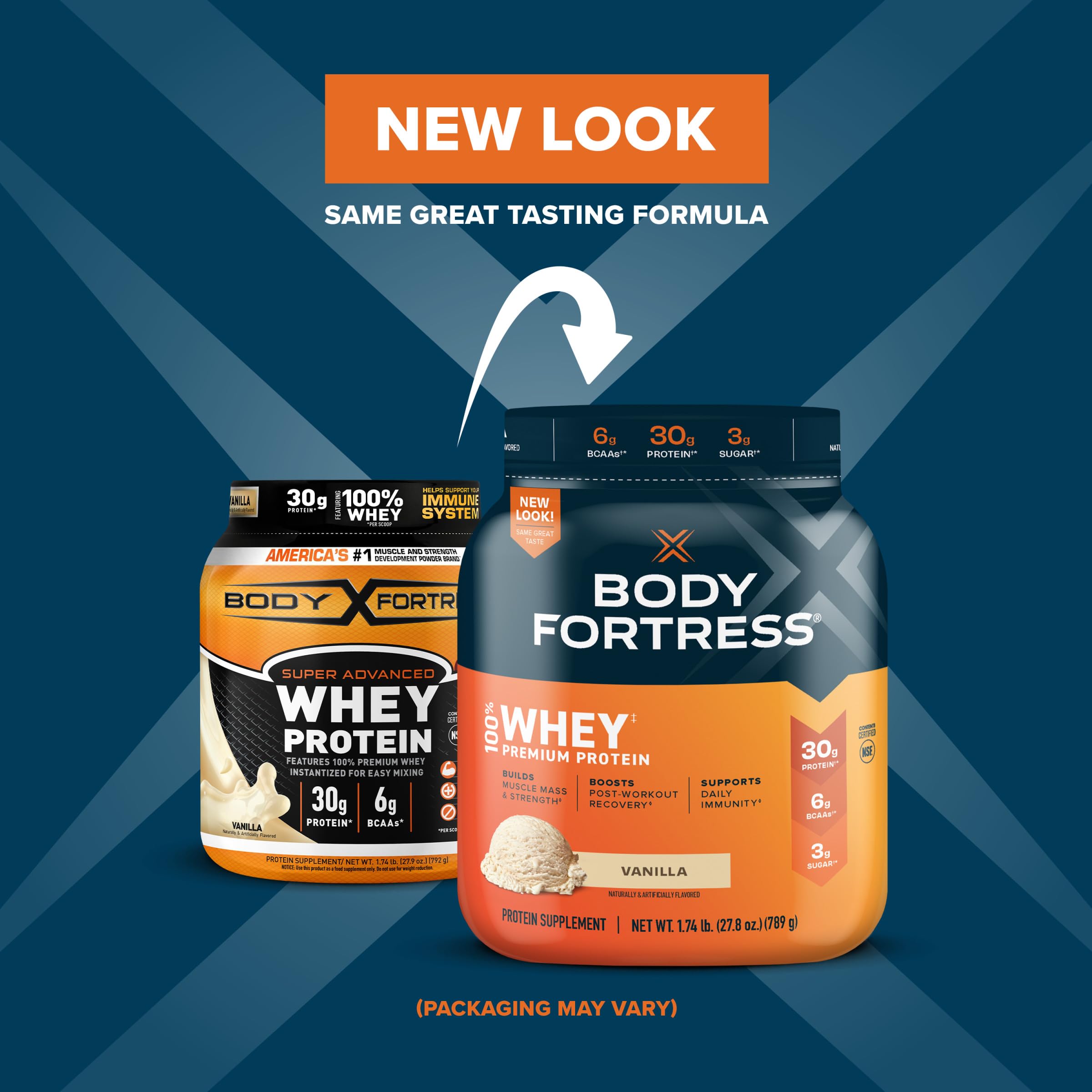 Body Fortress 100% Whey Protein Powder Vanilla 1.74lbs & Pure Protein Bars Chocolate Peanut Butter 12 Count 1.76oz - Post Workout Recovery & Muscle Building Supplement for Athletes & Fitness Enthusiasts