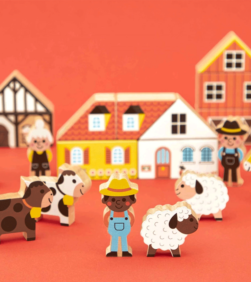 Janod Countryside Cross Roads Wooden Block Set - 34-Piece Educational Building Toy for Kids | Perfect for Creative Play, Learning Shapes & Imaginative Scenes