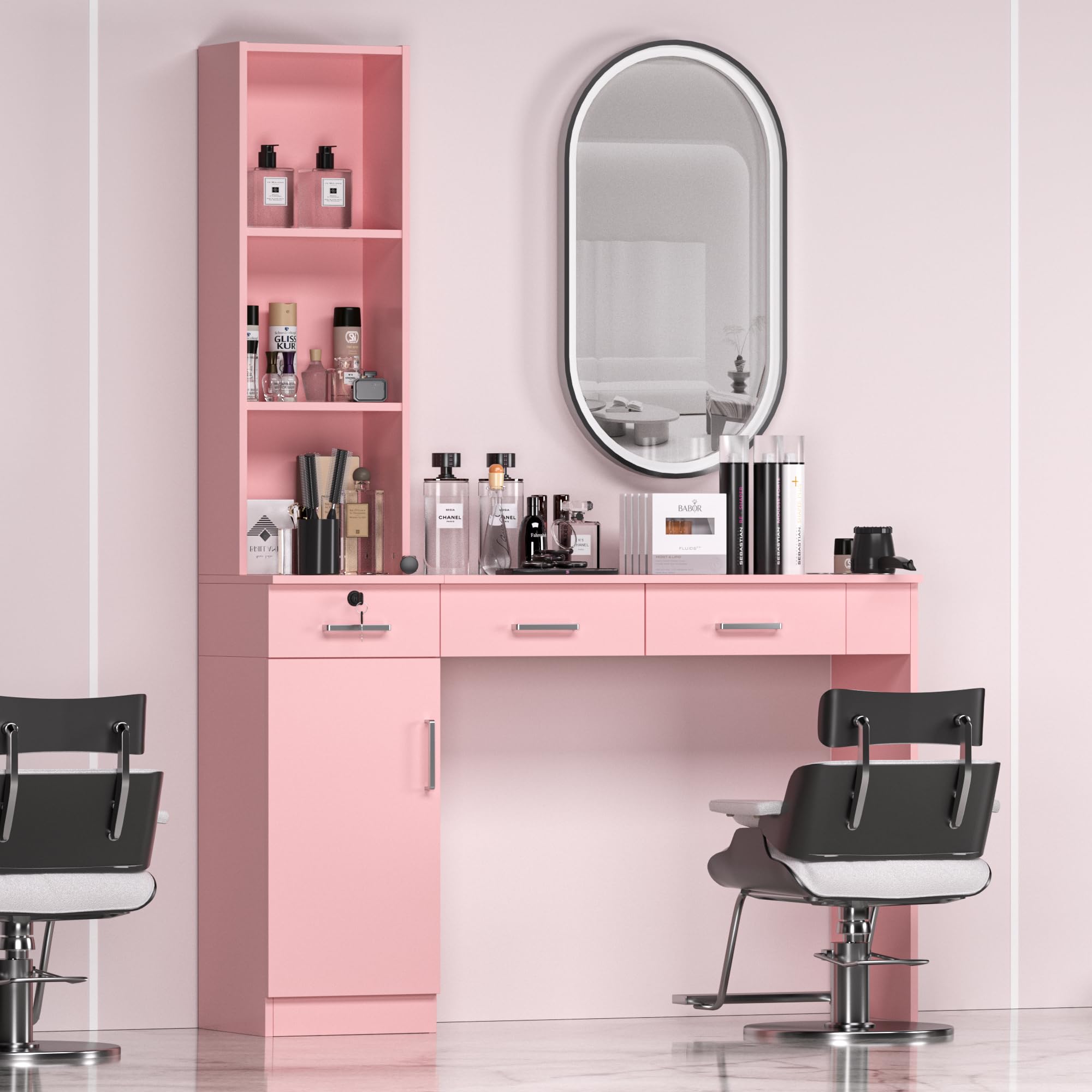 Professional Barber Salon Work Station - Hair Stylist Organizer Cabinet with Storage for Home & Beauty Salon Equipment | Durable Barbershop Furniture in Pink | Perfect for Small Spaces & Mobile Stylists