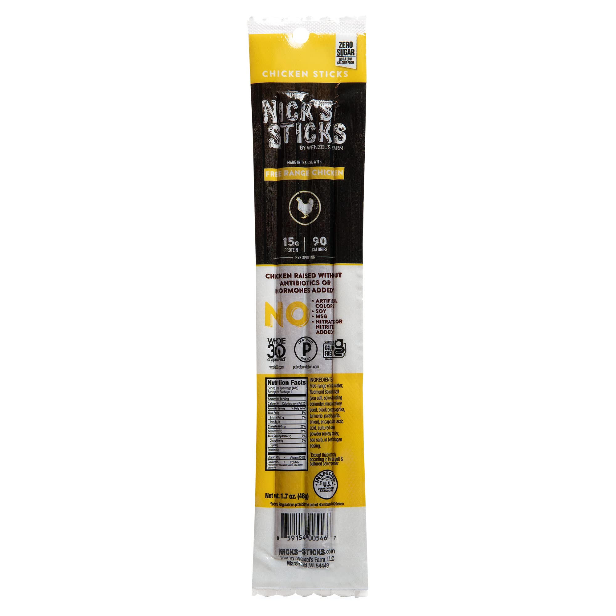 Nick's Sticks Free Range Chicken Snack Sticks | All Natural, Gluten Free & Keto Friendly | Paleo & Whole30 Approved | No Soy, Antibiotics or Hormones | Made in USA | 25 Pack (1.7oz each) | Perfect for On-the-Go Snacking, Hiking & Healthy Lunchboxes