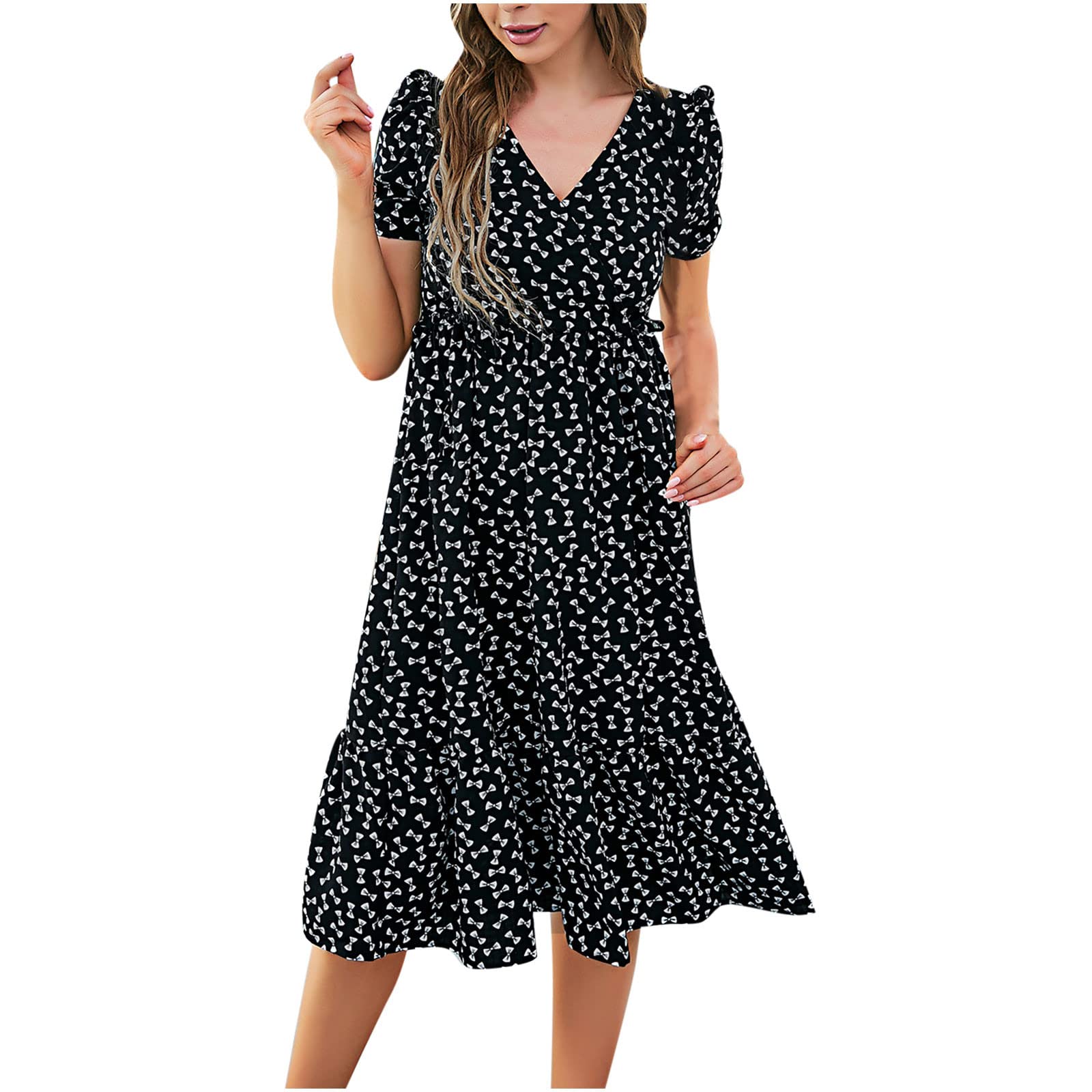 Boho Floral Print Summer Dress for Women - Smocked V Neck Short Sleeve Flowy Tiered Midi Dress | Casual Beachwear, Vacation Outfit & Summer Party Dress