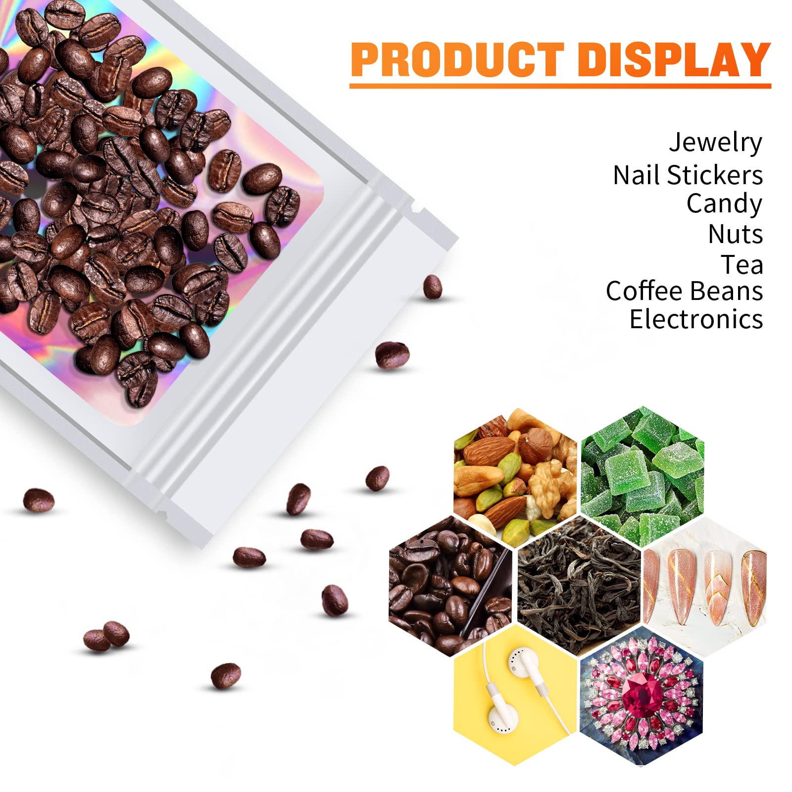 100-Pack 3.5x4.7 Inch White Holographic Smell Proof Mylar Bags - Resealable Food Storage Bags for Coffee, Tea, Herbs | Jewelry & Eyelash Packaging | Small Business Supplies | Perfect for Home Kitchen, Retail Stores & Crafting