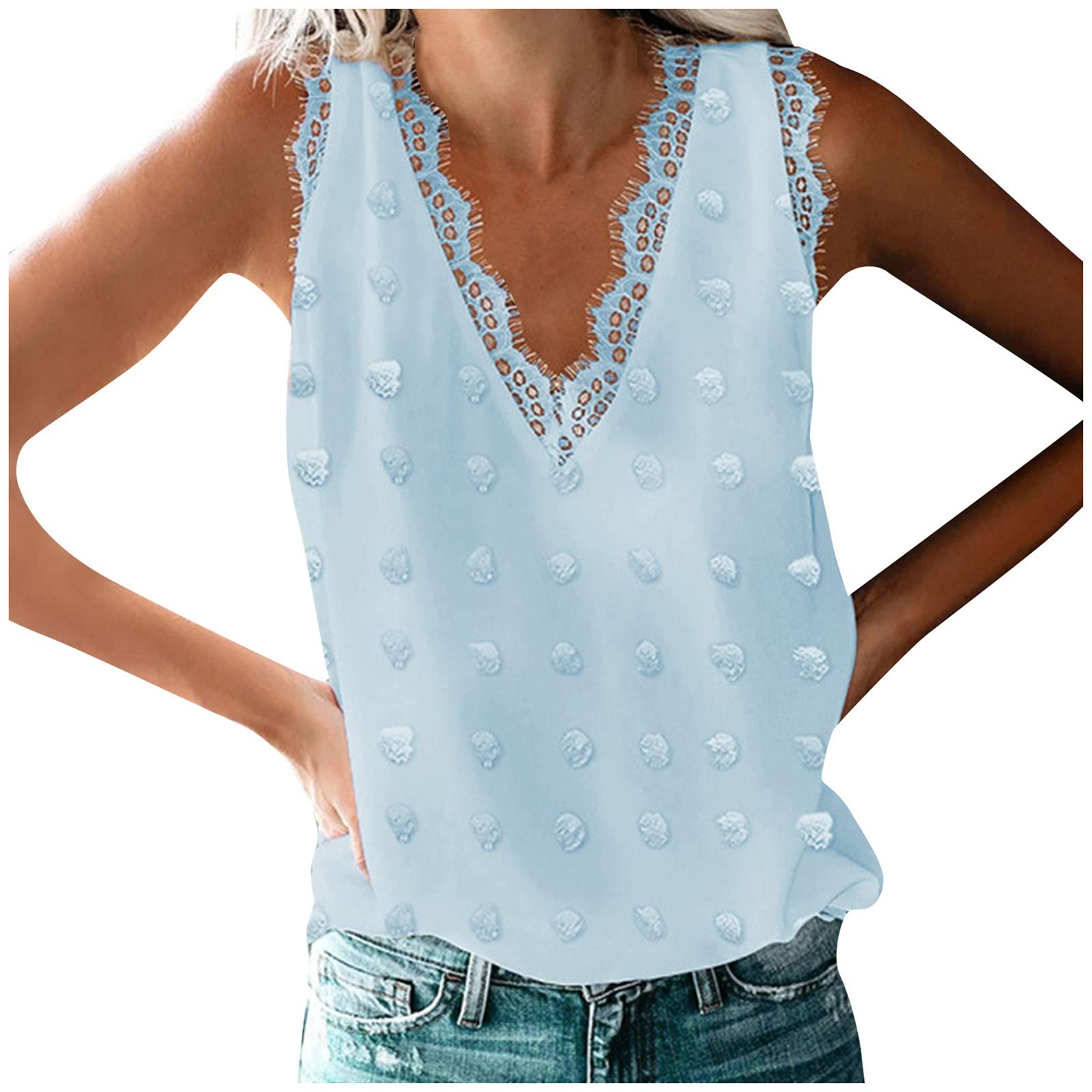 Women's Fashion V-Neck Lace Embroidered Sleeveless Blouse - Elegant Loose Fit Summer Work Top for Office, Dating & Casual Outfits | Breathable Comfort Wear