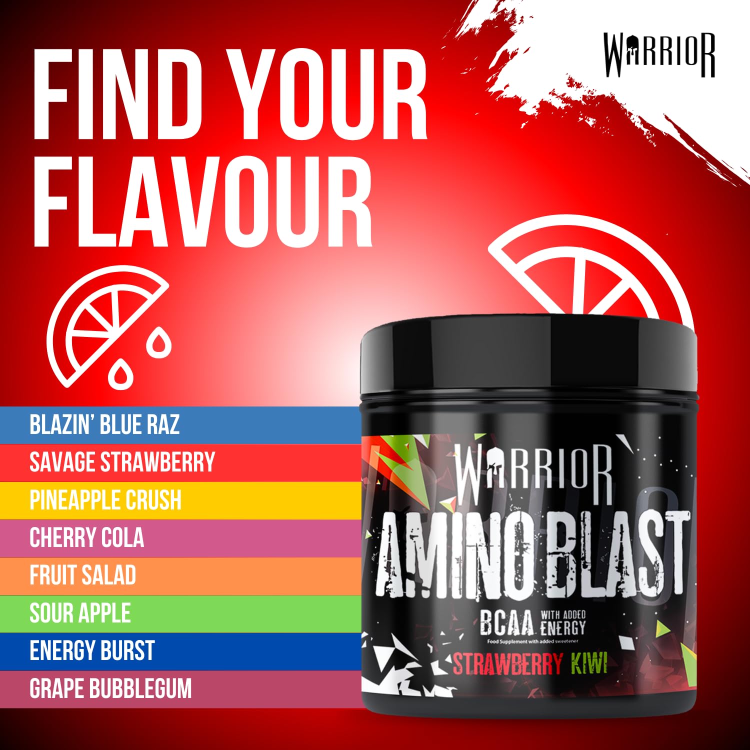 Warrior Amino Blast 270g BCAA Powder - Branched Chain Amino Acid Supplement for Workout & Recovery - Strawberry Kiwi Flavored Energy Drink (30 Servings) | Pre-Workout, Post-Workout & Muscle Recovery Drink for Athletes & Fitness Enthusiasts