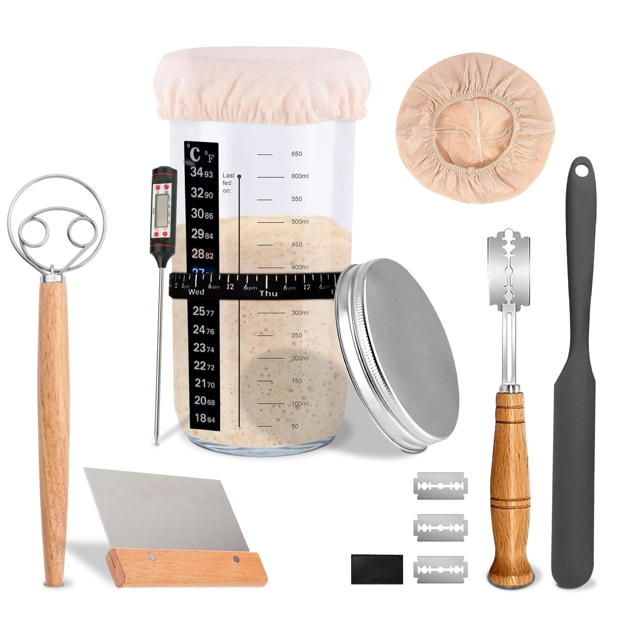 Organic Sourdough Starter Kit with 14oz Glass Jar - Complete Bread Baking Supplies Set with Airtight Lid, Dough Whisk & Silicone Spatula - Perfect for Homemade Artisan Bread, Pizza Dough & Pastries