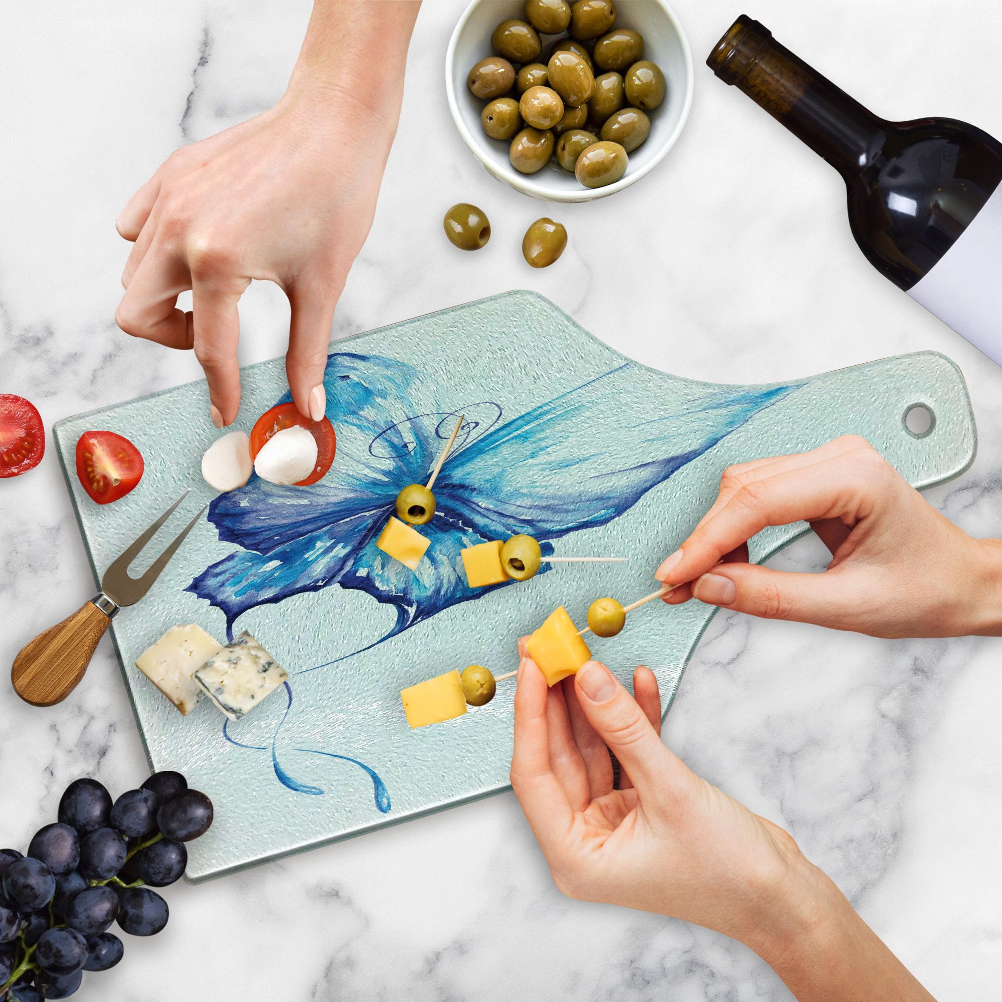 Ambesonne Watercolor Cutting Board - Hand Drawn Blue Butterfly Design, Nature Inspired Art with Soft Brush Strokes - Tempered Glass Serving Board for Kitchen & Dining - Wine Bottle Shape in Blue & White - Perfect for Charcuterie, Cheese Display & Party Serving