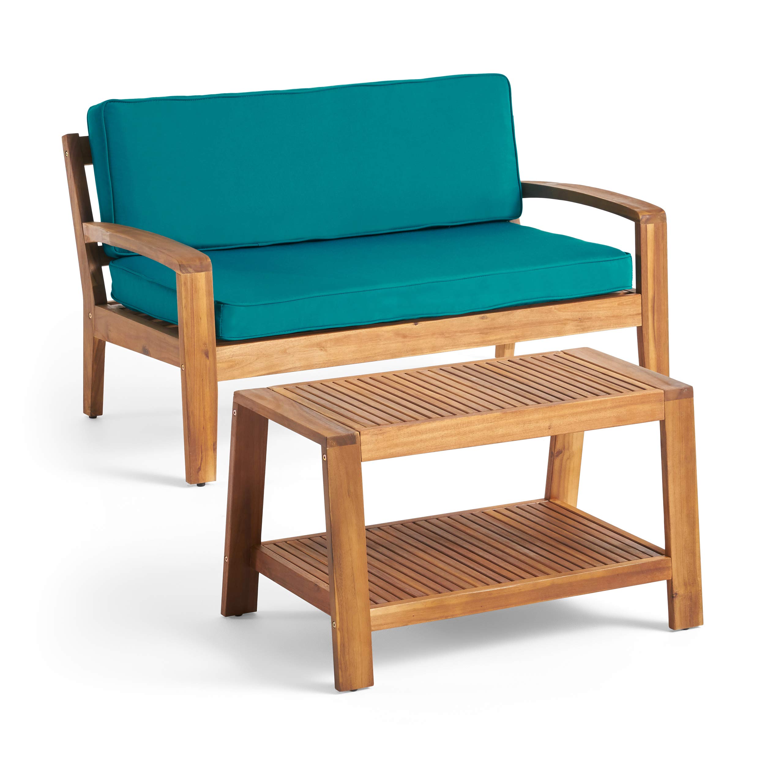 Acacia Wood Christian Loveseat & Coffee Table Set with Teal Sunbrella Cushions - Teak Finish Outdoor Patio Furniture for Garden, Deck & Backyard Relaxation
