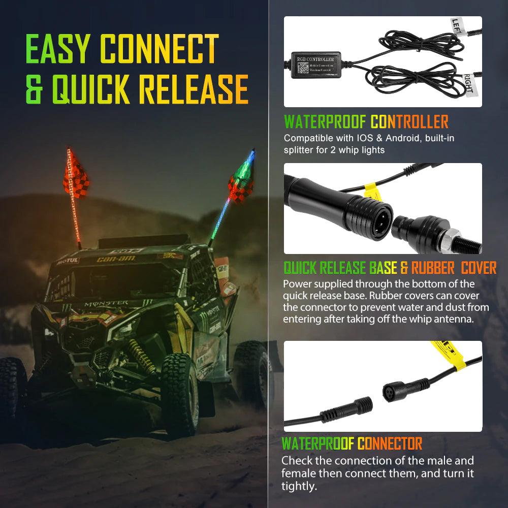 3FT/4FT LED RGB Whip Lights with Bluetooth & Remote Control - Waterproof Off-Road Light Bar for UTV, ATV, Jeep, Truck - Perfect for Night Riding, Camping & Off-Road Adventures