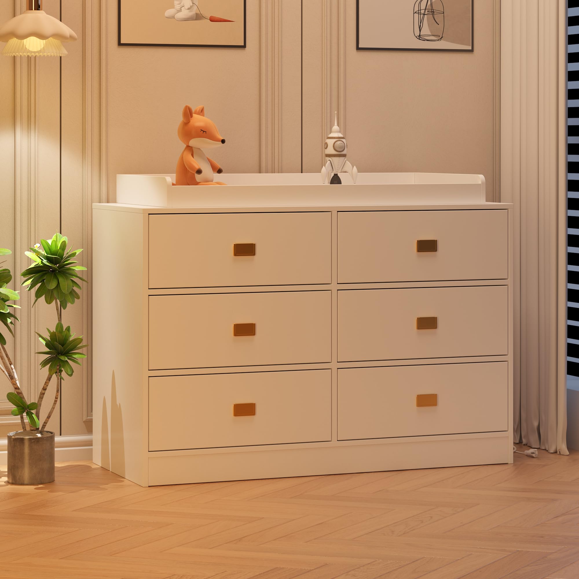 White 6-Drawer Nursery Dresser with Changing Table Top, Power Outlets & Removable Pad - Baby Changing Station for Bedroom & Nursery Organization - Perfect for Diaper Changes, Storage & Nursery Decor