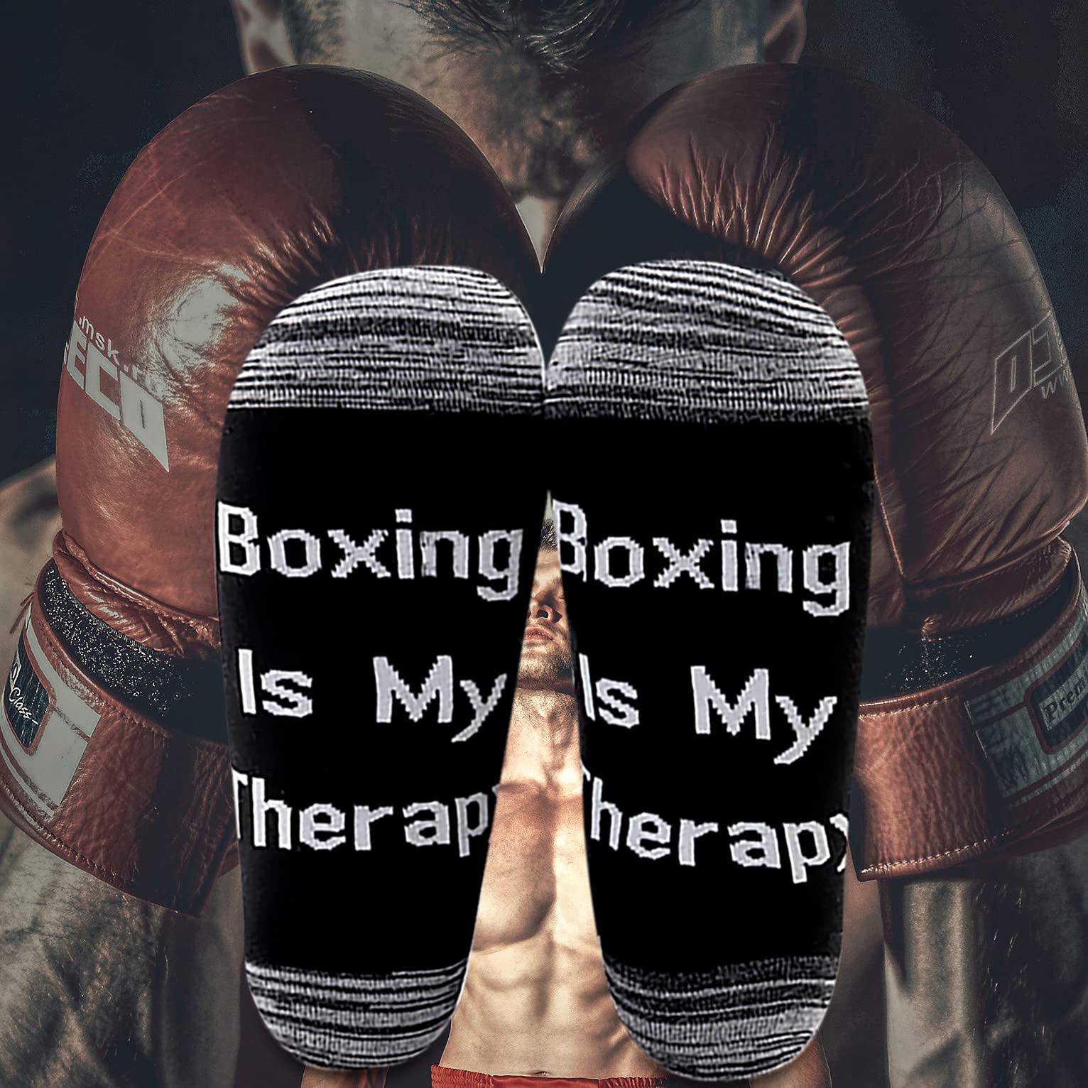 LEVLO Boxer Fans Gift - Boxing is My Therapy Cotton Socks (2 Pairs/Set, Mid Calf) - Inspirational Gifts for Boxing Lovers & Coaches - Perfect for Training, Gyms & Boxing Enthusiasts